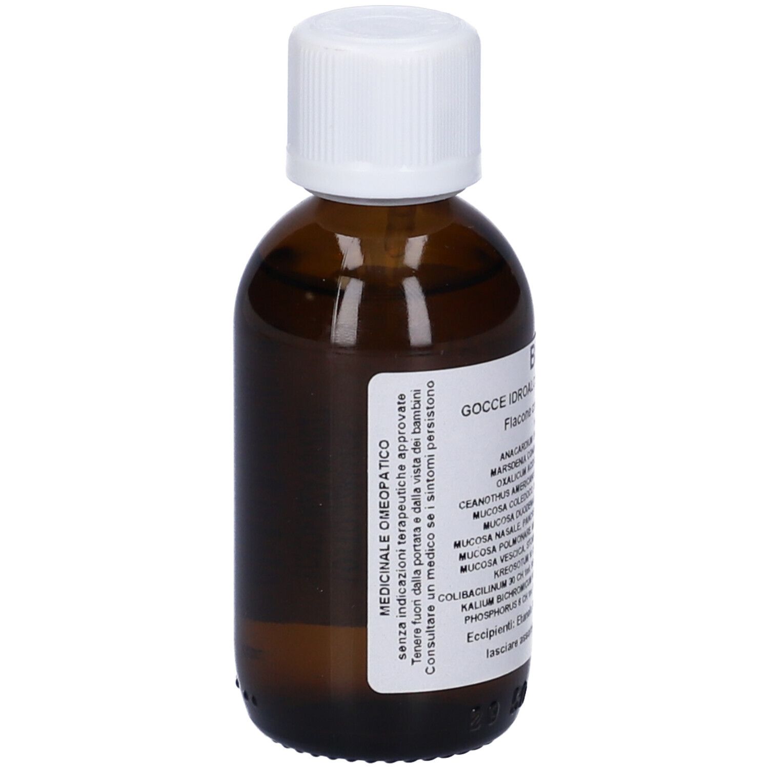 Flacone di vetro marrone con tappo bianco. Etichetta con testo. Liquido visibile.