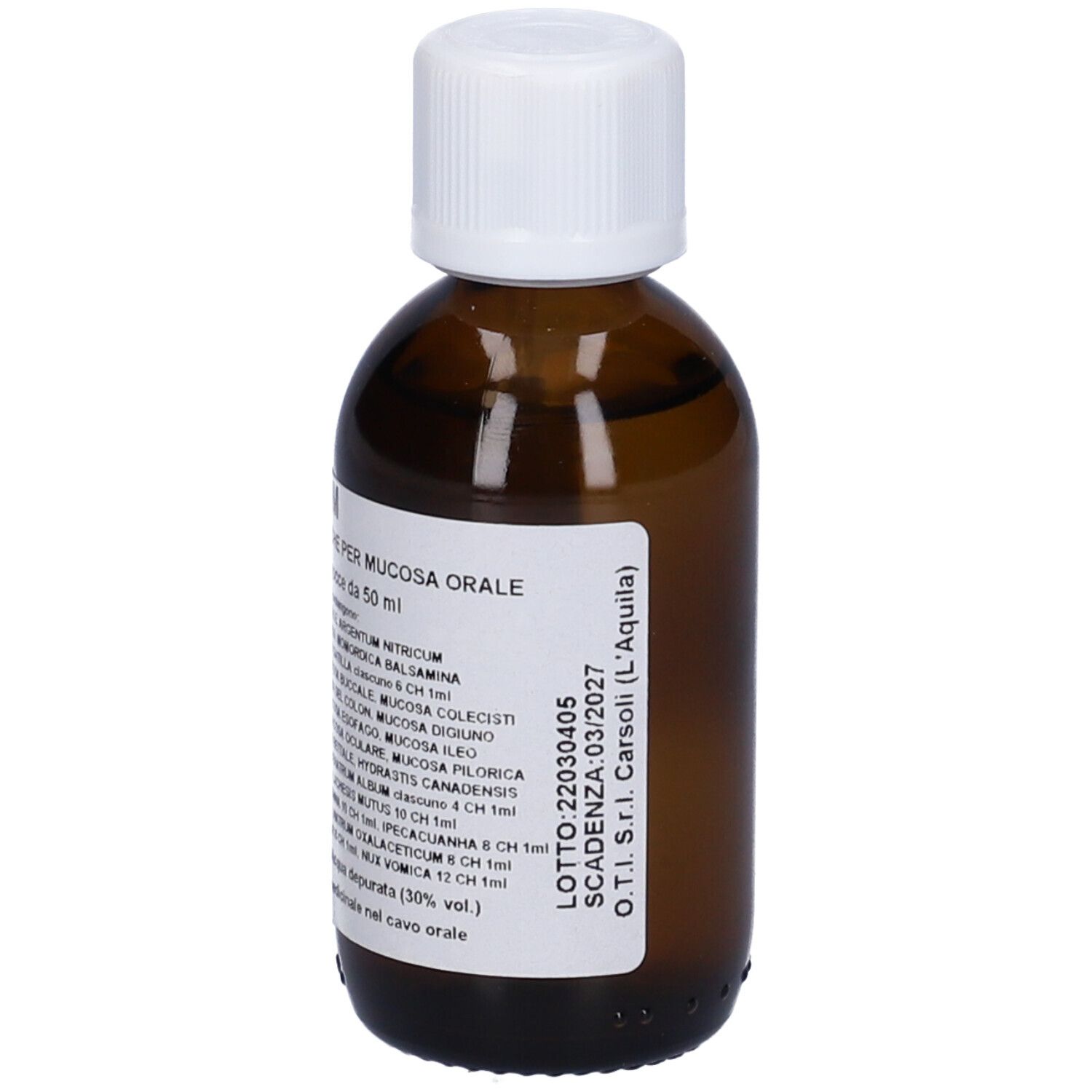 Flacone di vetro marrone con tappo bianco. Etichetta con testo. Liquido visibile.