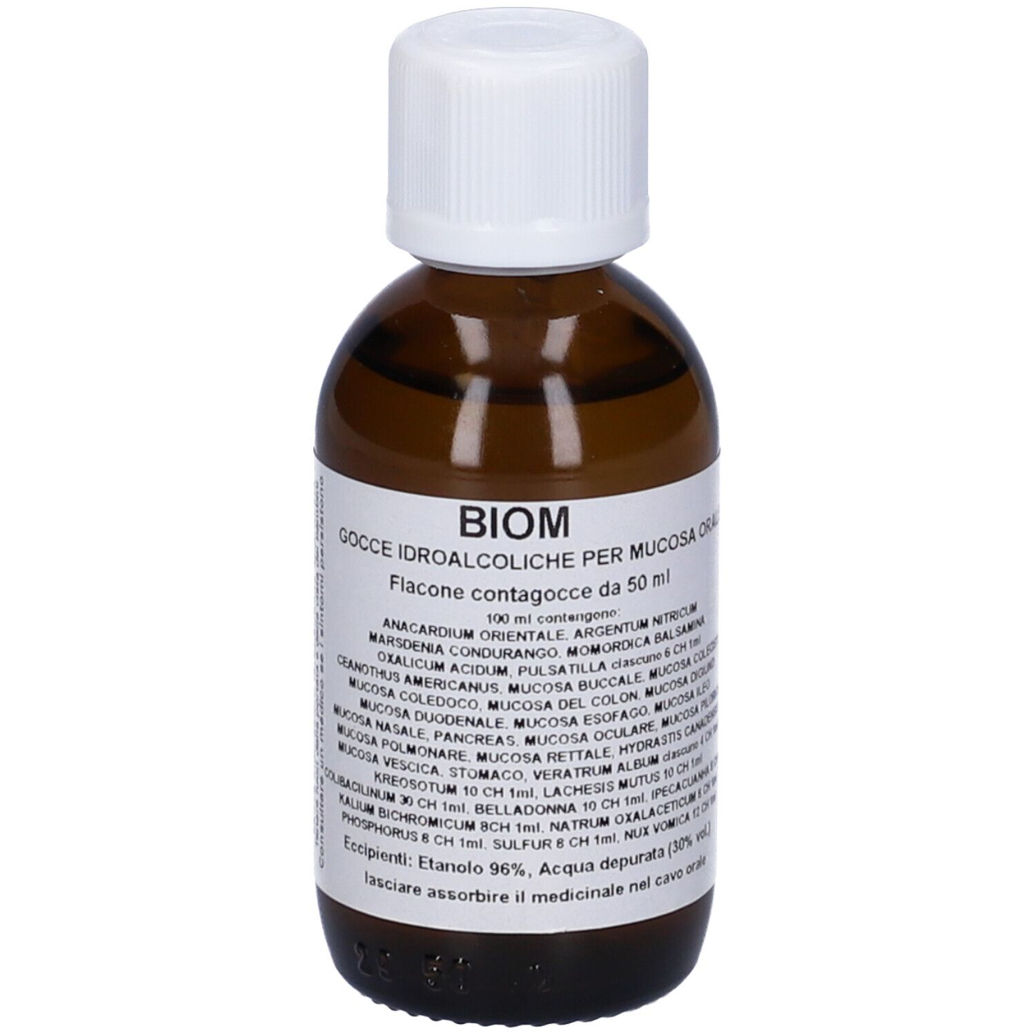 Flacone di vetro marrone con tappo bianco. Etichetta con testo. Liquido visibile. Logo BIOM.