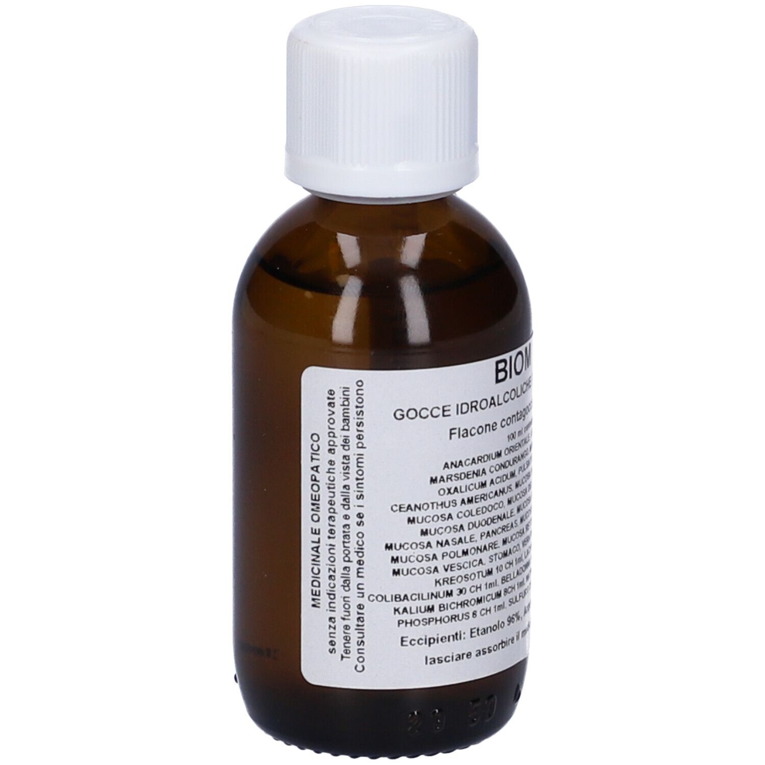 Flacone di vetro marrone con tappo bianco. Etichetta con testo. Liquido visibile.