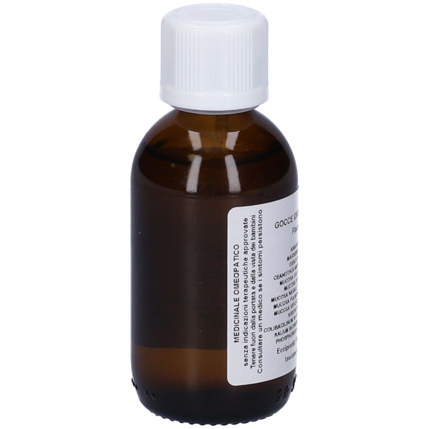 Flacone di vetro marrone con tappo bianco. Etichetta con testo. Liquido visibile.