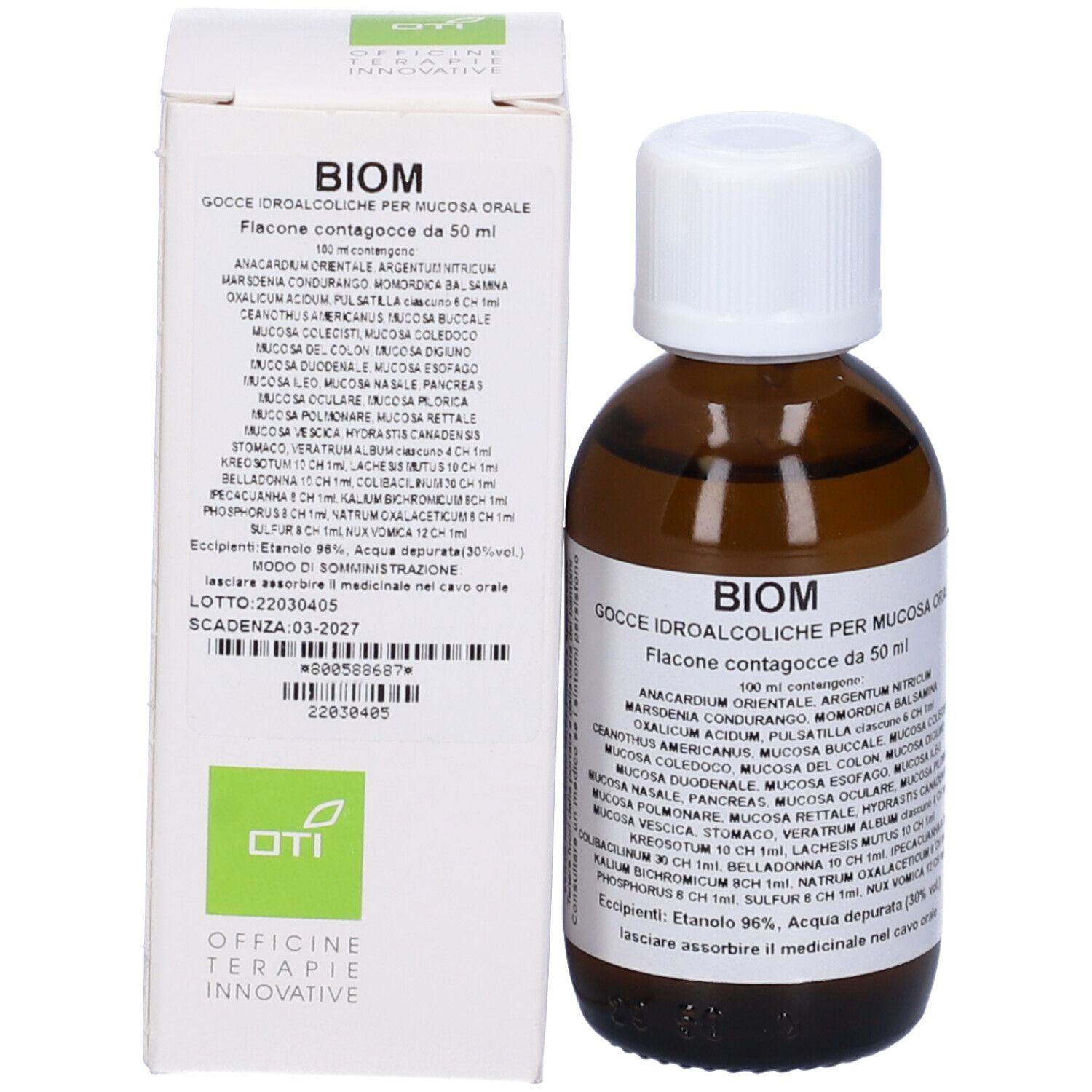 Flacone di vetro marrone con tappo bianco e scatola. Etichette con testo. Logo BIOM.