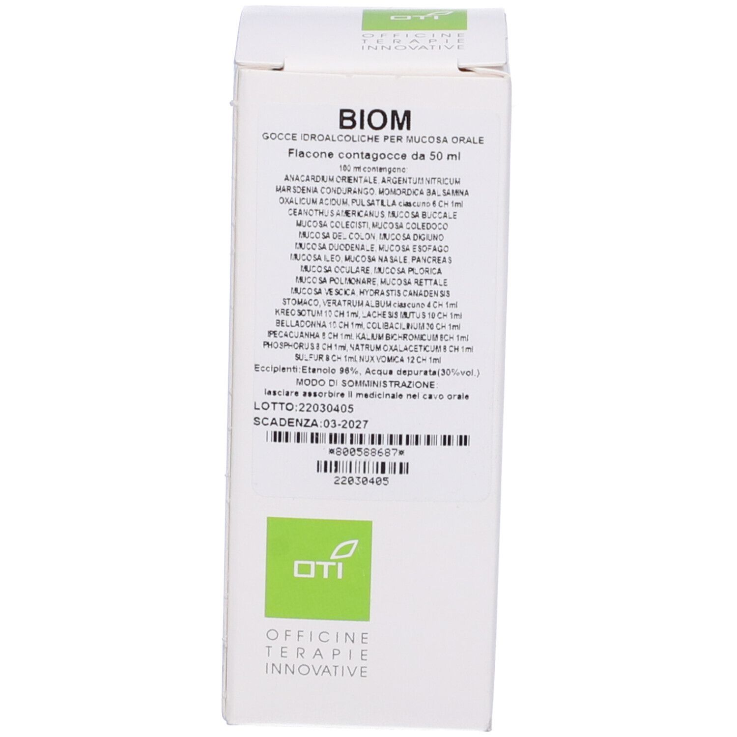 Scatola con testo e logo. Logo BIOM. Flacone con tappo bianco.