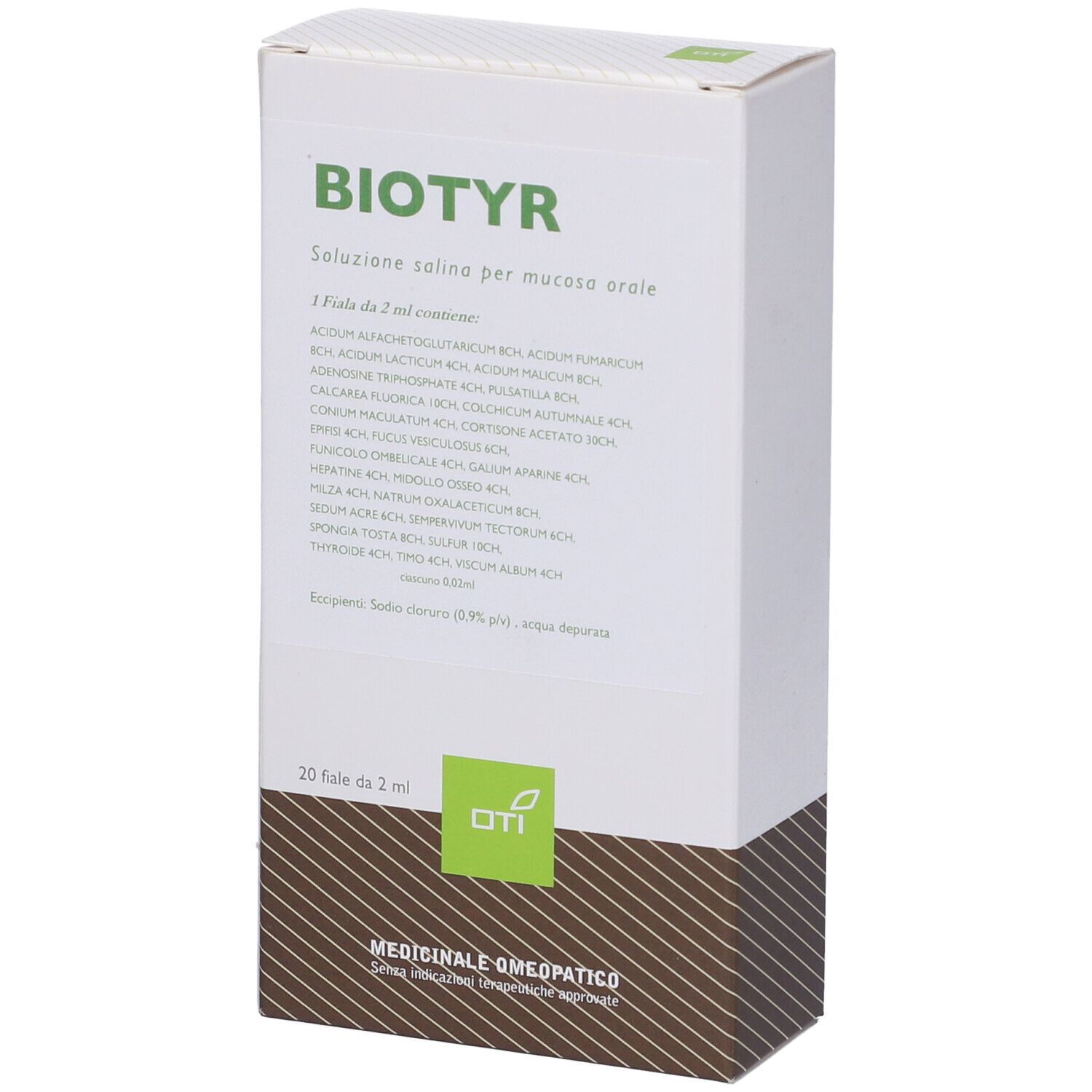 Scatola bianca con logo BIOTYR e testo. Contiene 20 fiale. Logo verde in alto a sinistra. Testo: Soluzione per mucosa orale.