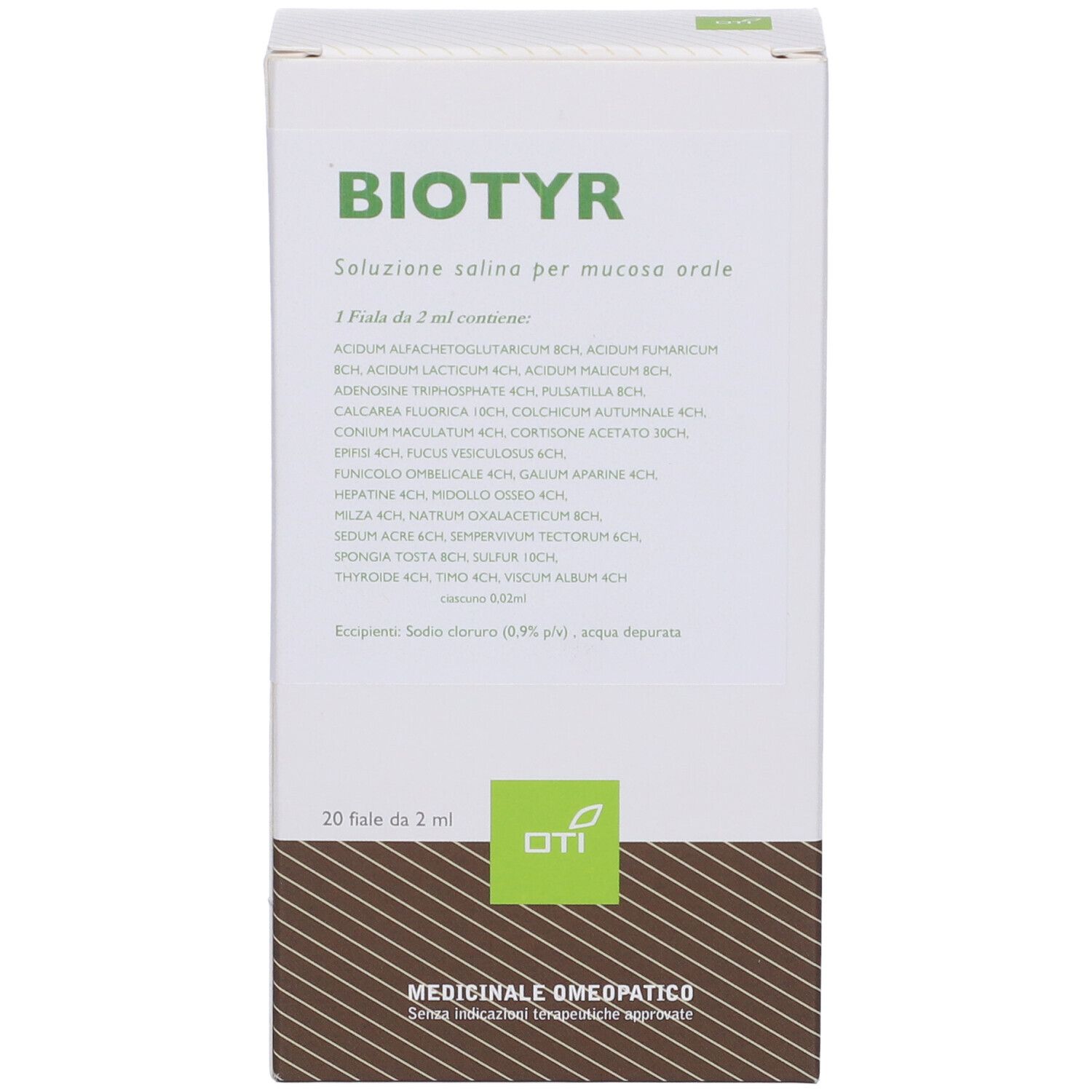 Scatola bianca con logo BIOTYR e testo. Contiene 20 fiale. Logo verde in alto a sinistra. Testo: Soluzione per mucosa orale.