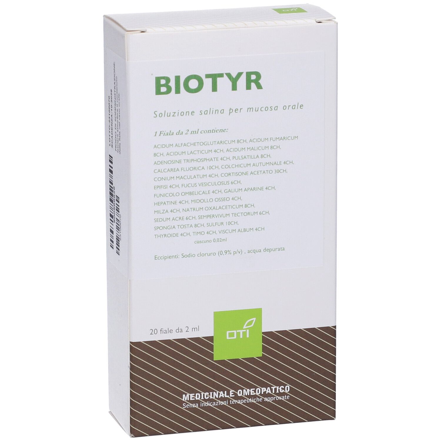 Scatola bianca con logo BIOTYR e testo. Contiene 20 fiale. Logo verde in alto a sinistra. Testo: Soluzione per mucosa orale.