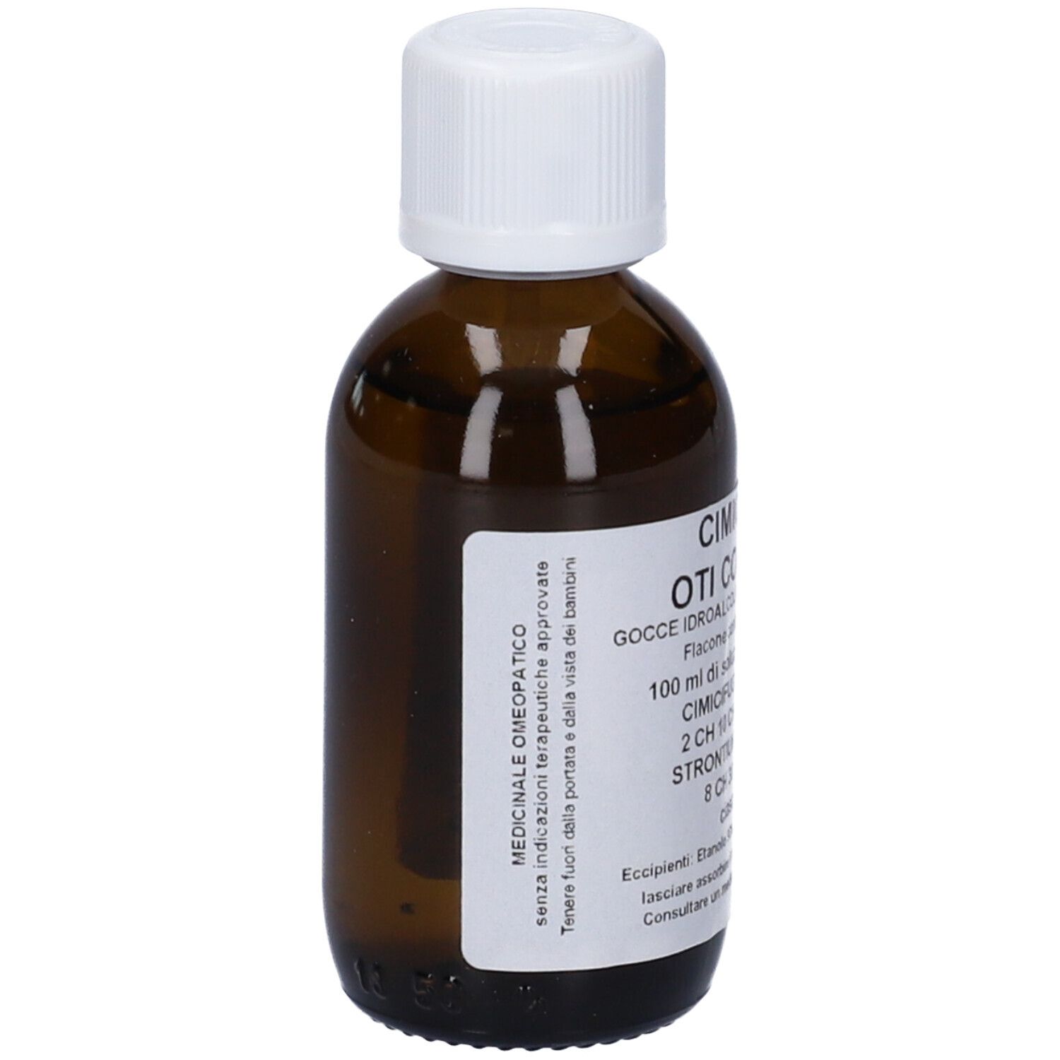 Flacone di vetro marrone con tappo bianco. Etichetta con informazioni sul prodotto. Uso medico. Oti Composto.