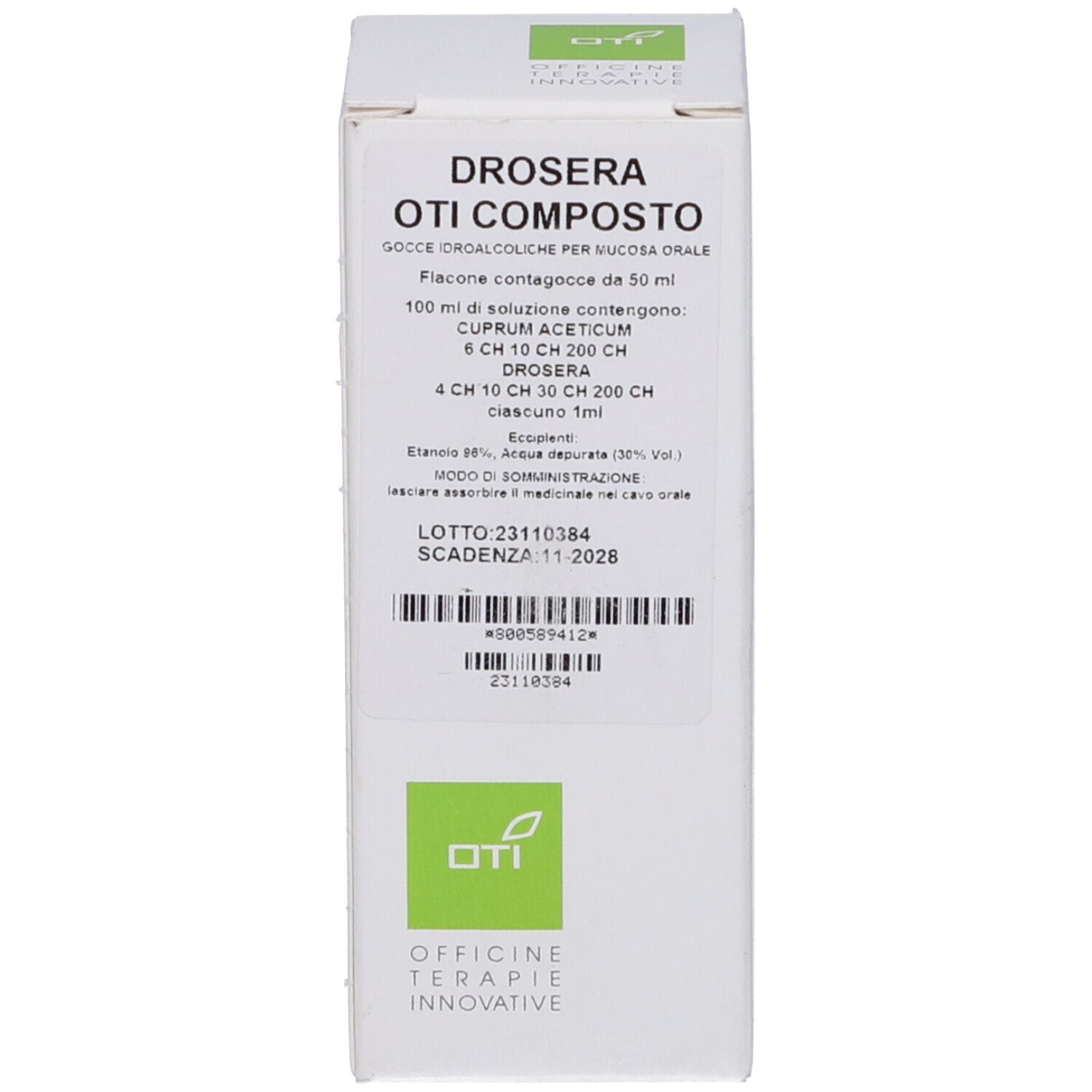 Scatola bianca con informazioni e logo. Testo: Drosera Oti Composto.