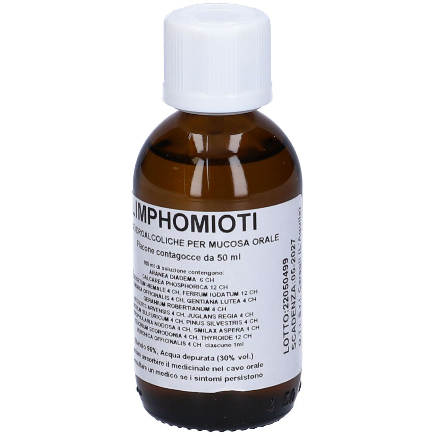 Flacone marrone con tappo bianco. Etichetta con nome e ingredienti.