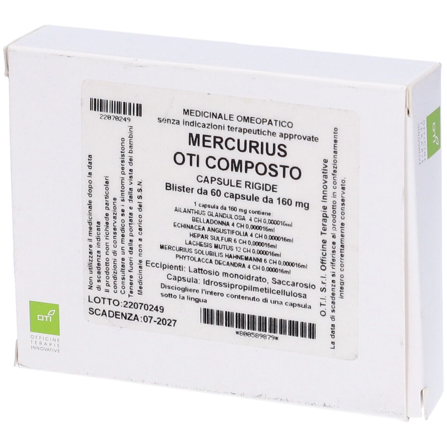 Scatola bianca con testo. Scritto: Mercurius Oti Composto, 60 capsule. Codice a barre in alto a sinistra.