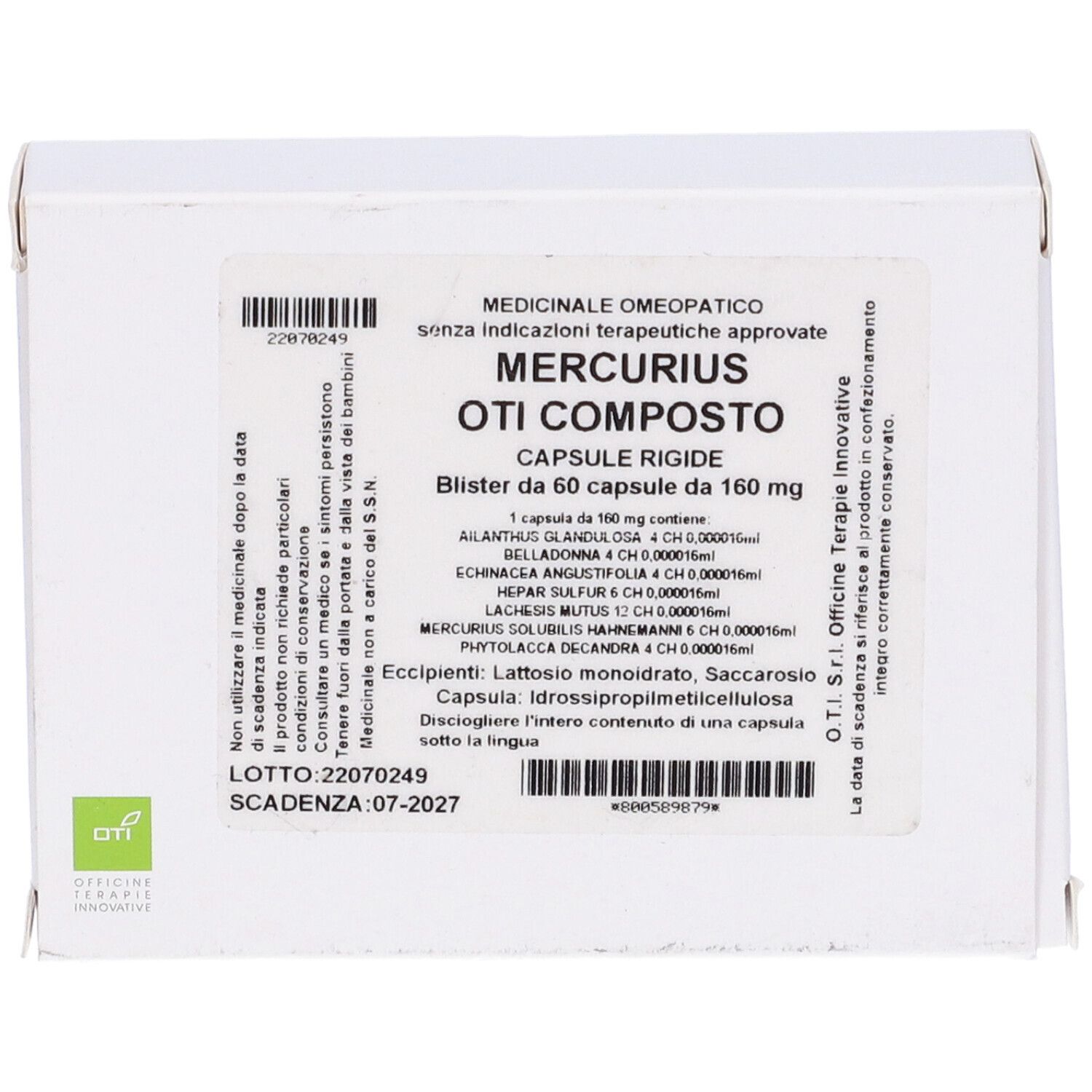 Scatola bianca con testo. Scritto: Mercurius Oti Composto, 60 capsule. Codice a barre in alto a sinistra.