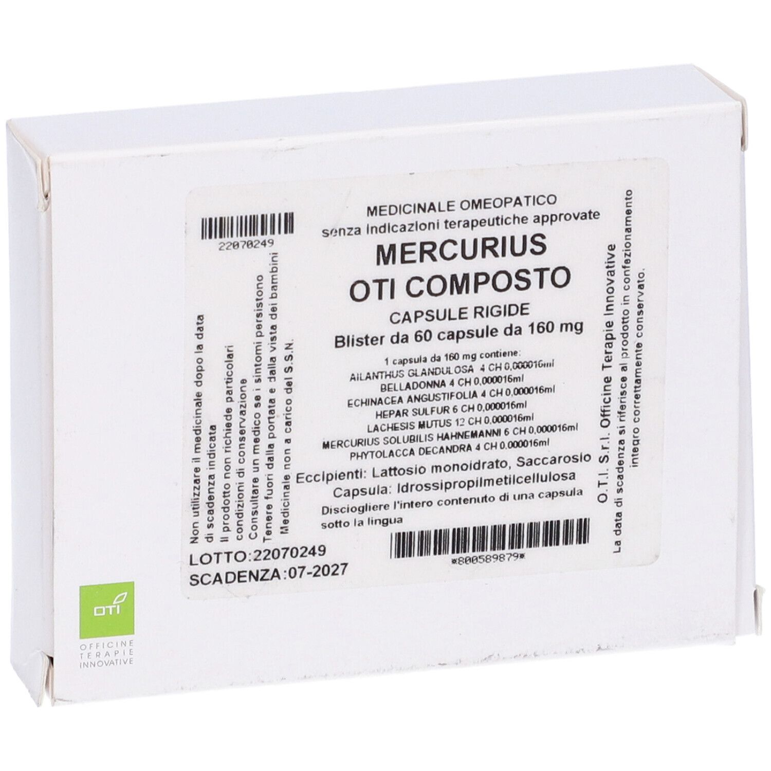 Scatola bianca con testo. Scritto: Mercurius Oti Composto, 60 capsule. Codice a barre in alto a sinistra.