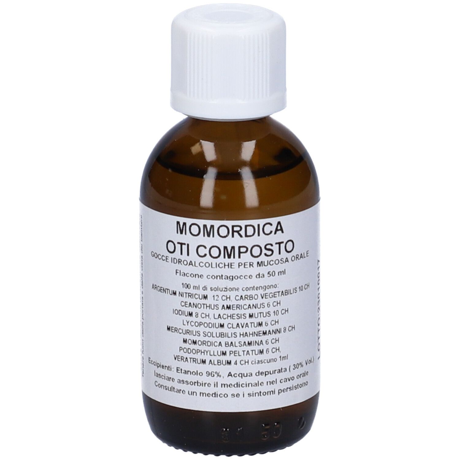 Flacone di vetro marrone con tappo bianco. Etichetta con nome del prodotto e ingredienti. Flacone contagocce per uso orale.