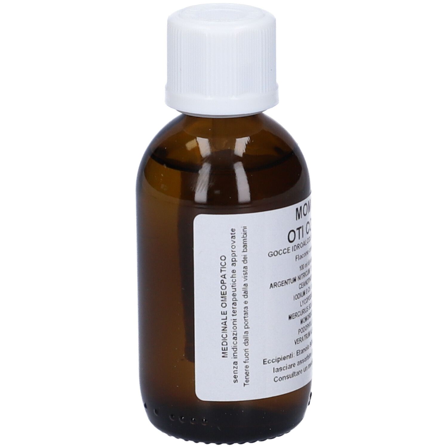 Flacone di vetro marrone con tappo bianco. Etichetta con informazioni sul prodotto. Flacone contagocce medico.