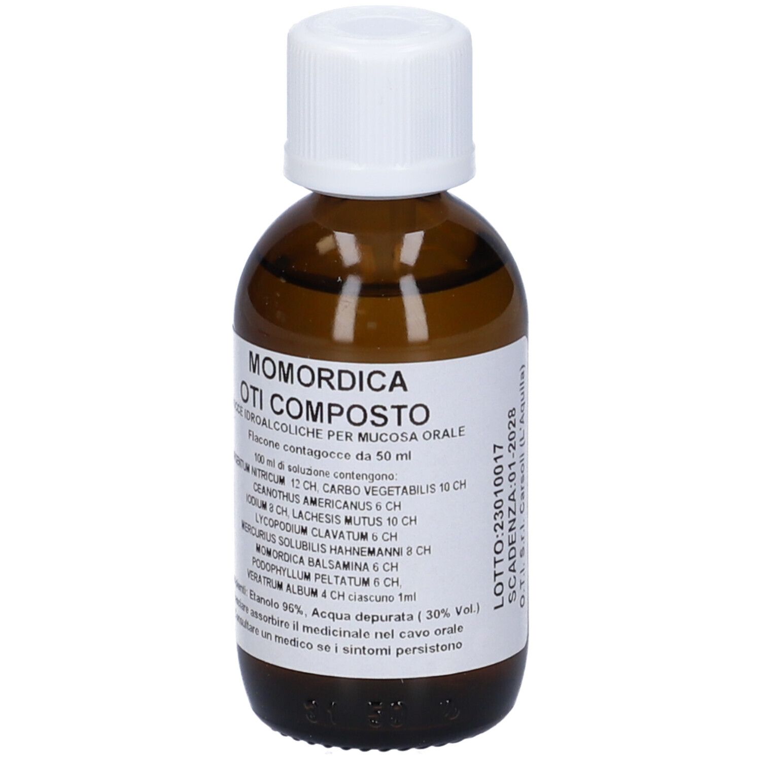 Flacone di vetro marrone con tappo bianco. Etichetta con nome e ingredienti. Flacone contagocce orale.