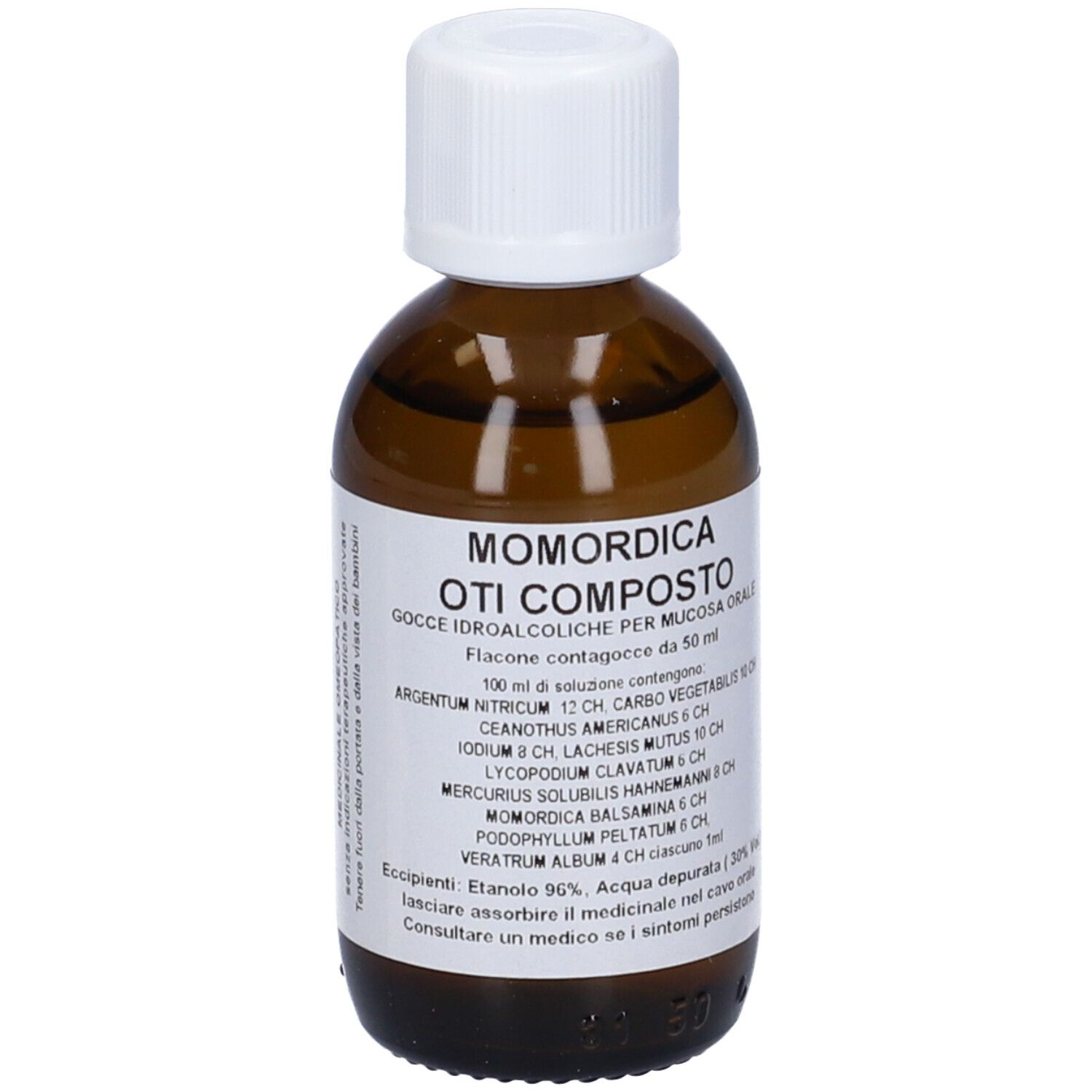 Flacone di vetro marrone con tappo bianco. Etichetta con nome e ingredienti. Flacone contagocce orale.