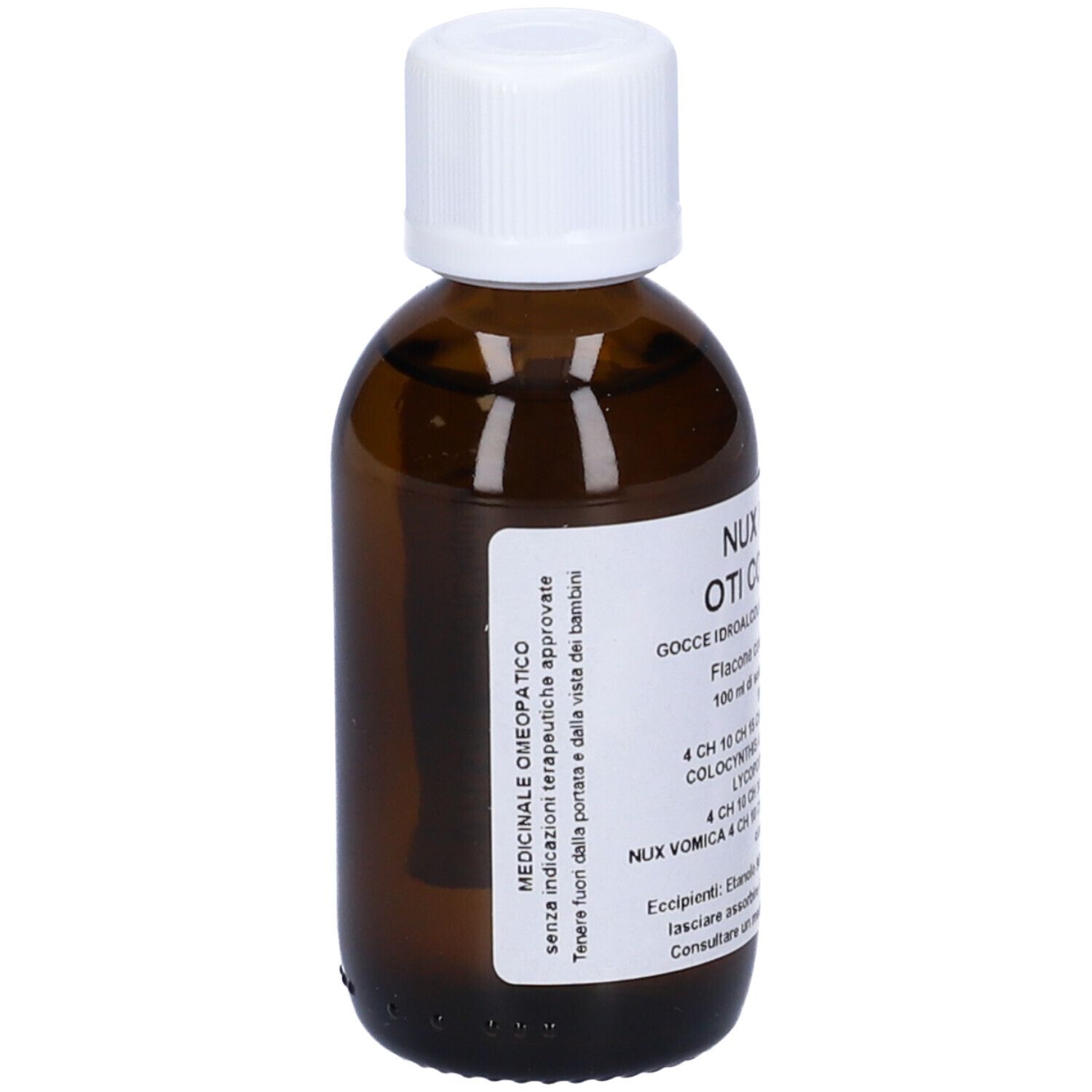Flacone di vetro marrone con tappo bianco. Etichetta con informazioni sul prodotto. Prodotto medico.