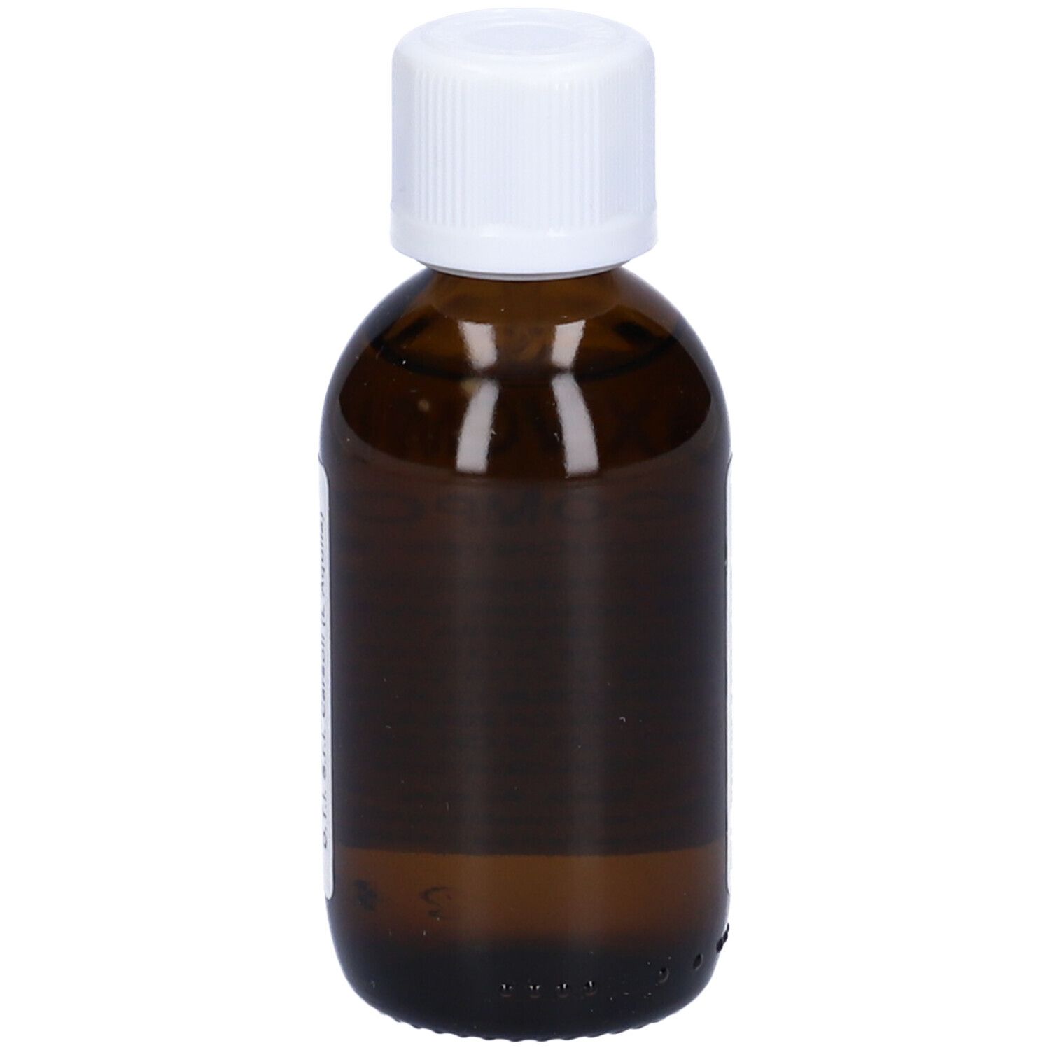 Flacone di vetro marrone con tappo bianco. Nessuna etichetta visibile. Flacone contagocce.