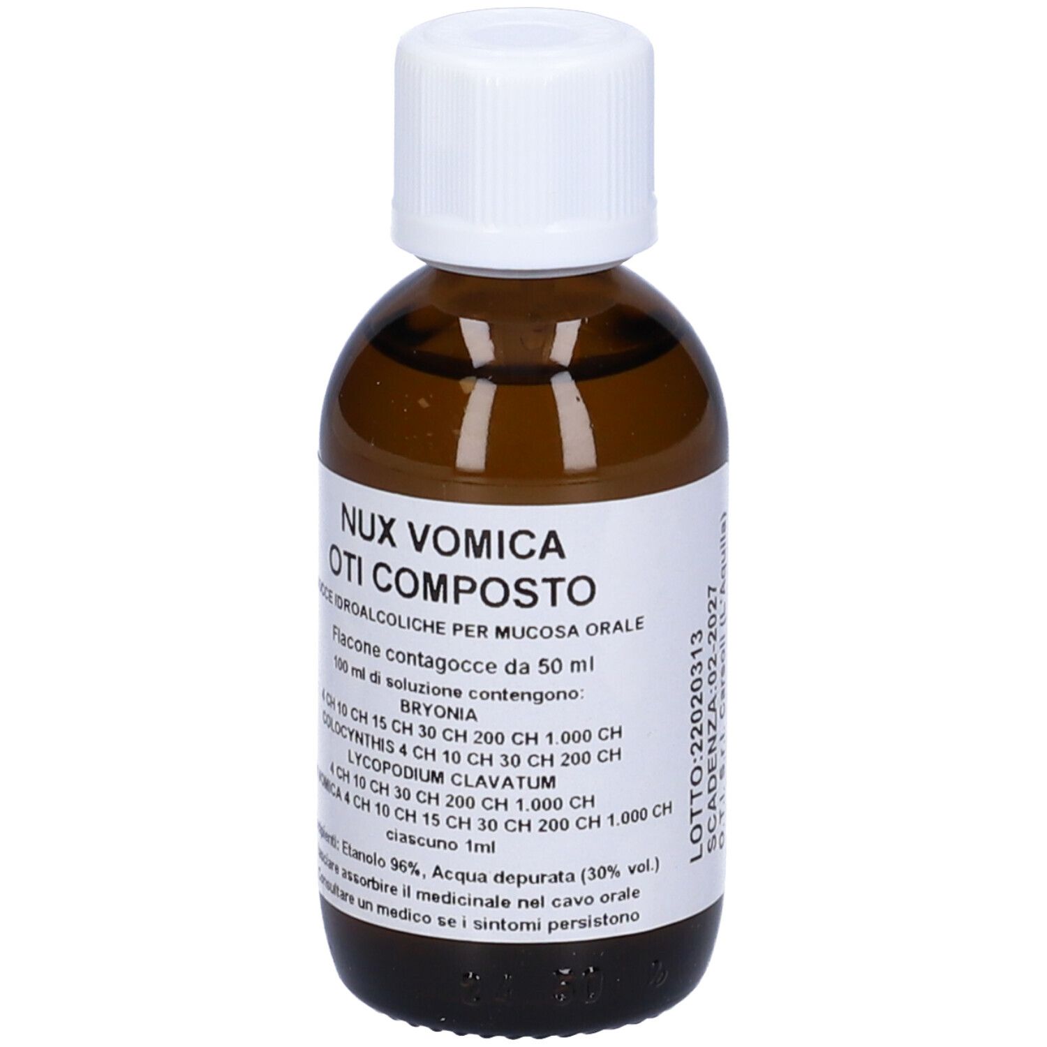 Flacone di vetro marrone con tappo bianco. Etichetta con nome del prodotto e ingredienti. Flacone contagocce.