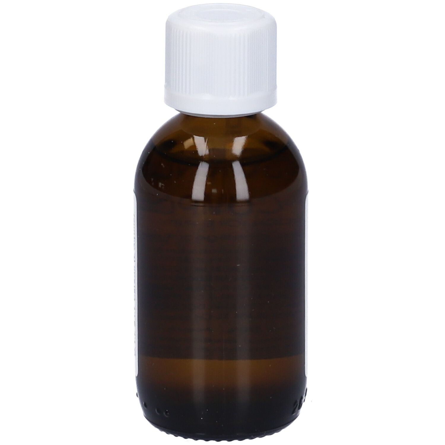 Flacone di vetro marrone con tappo bianco. Liquido visibile. Nessuna etichetta o testo visibile.