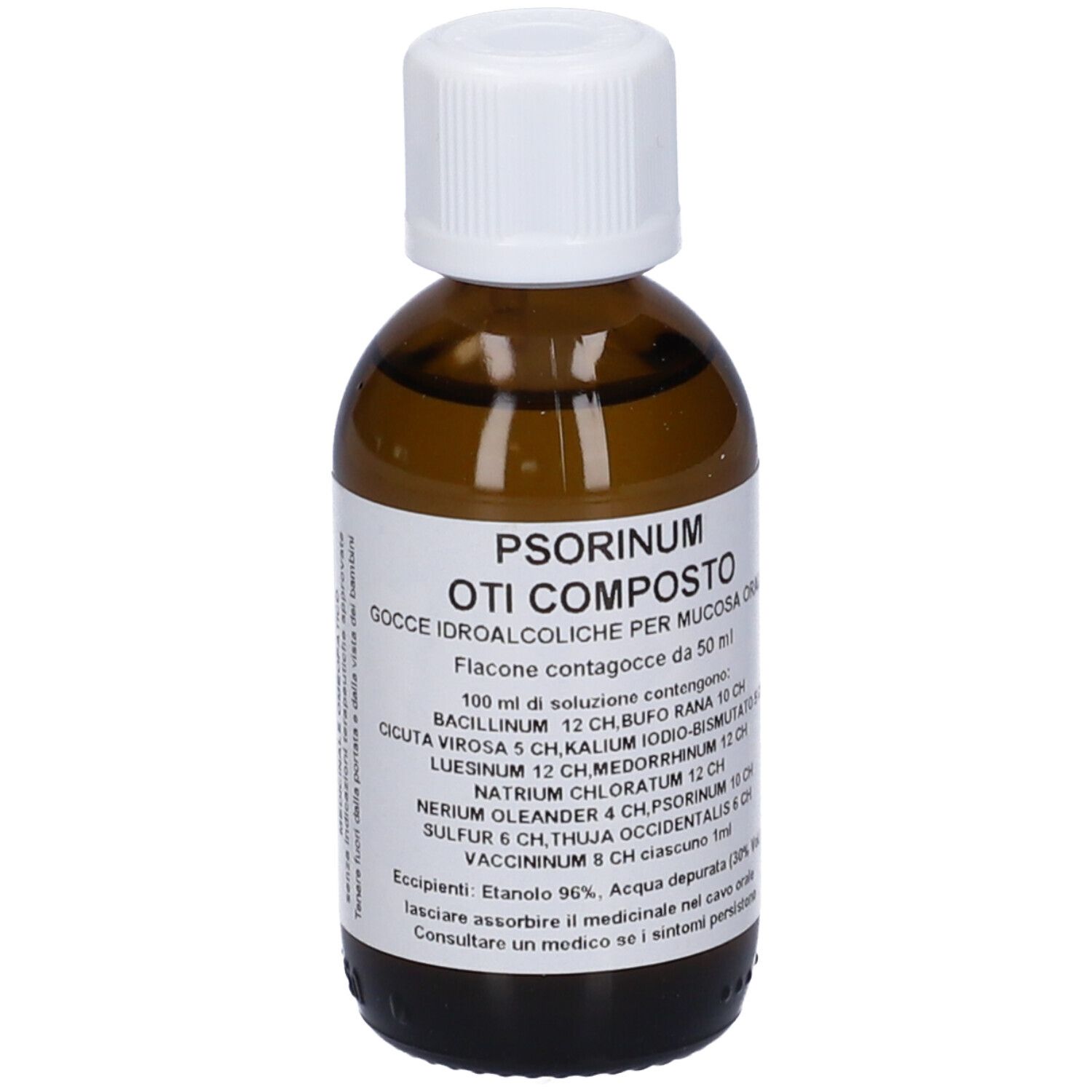 Flacone di vetro marrone con tappo bianco. Etichetta con nome del prodotto e ingredienti. Liquido visibile.