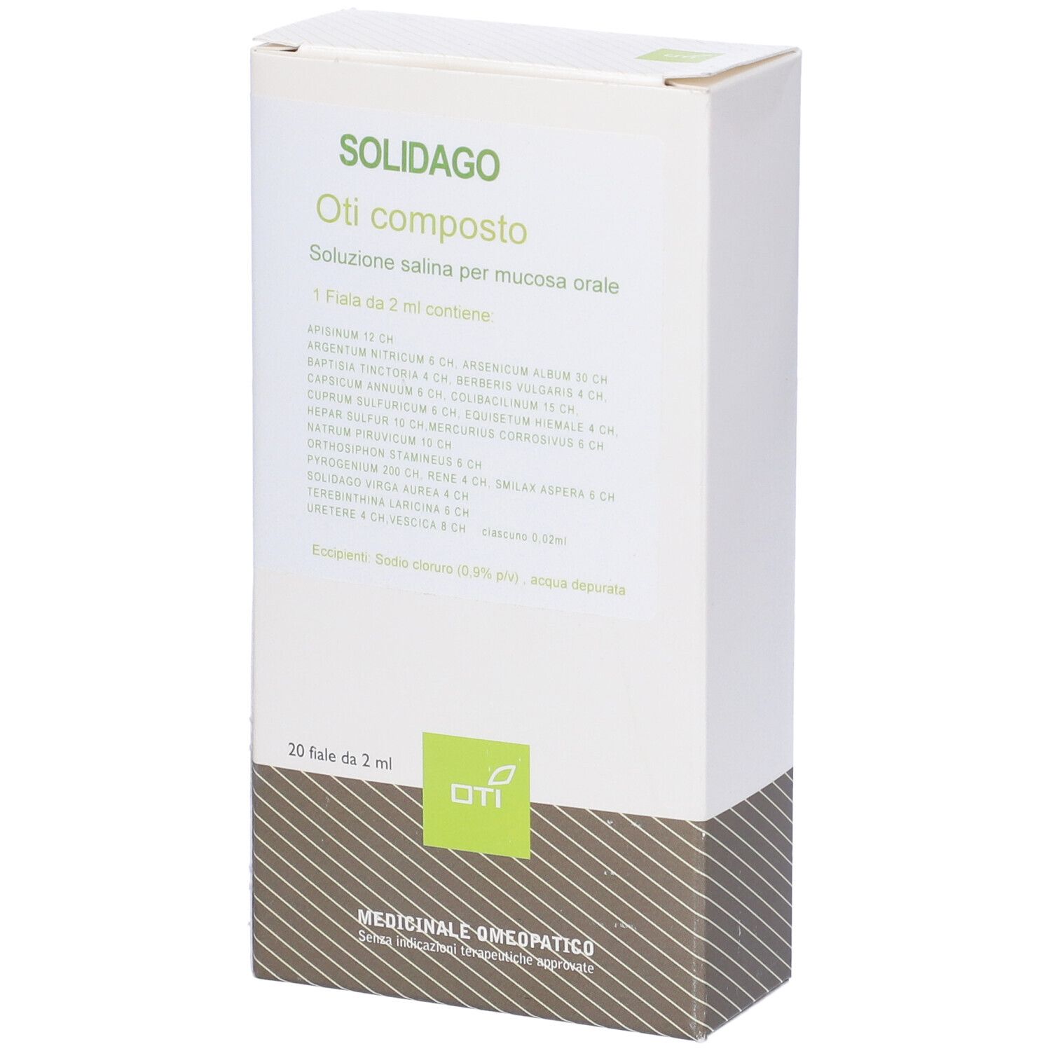 Scatola bianca con nome e informazioni del prodotto. "Solidago Oti composto" in alto. Sotto: 20 fiale.
