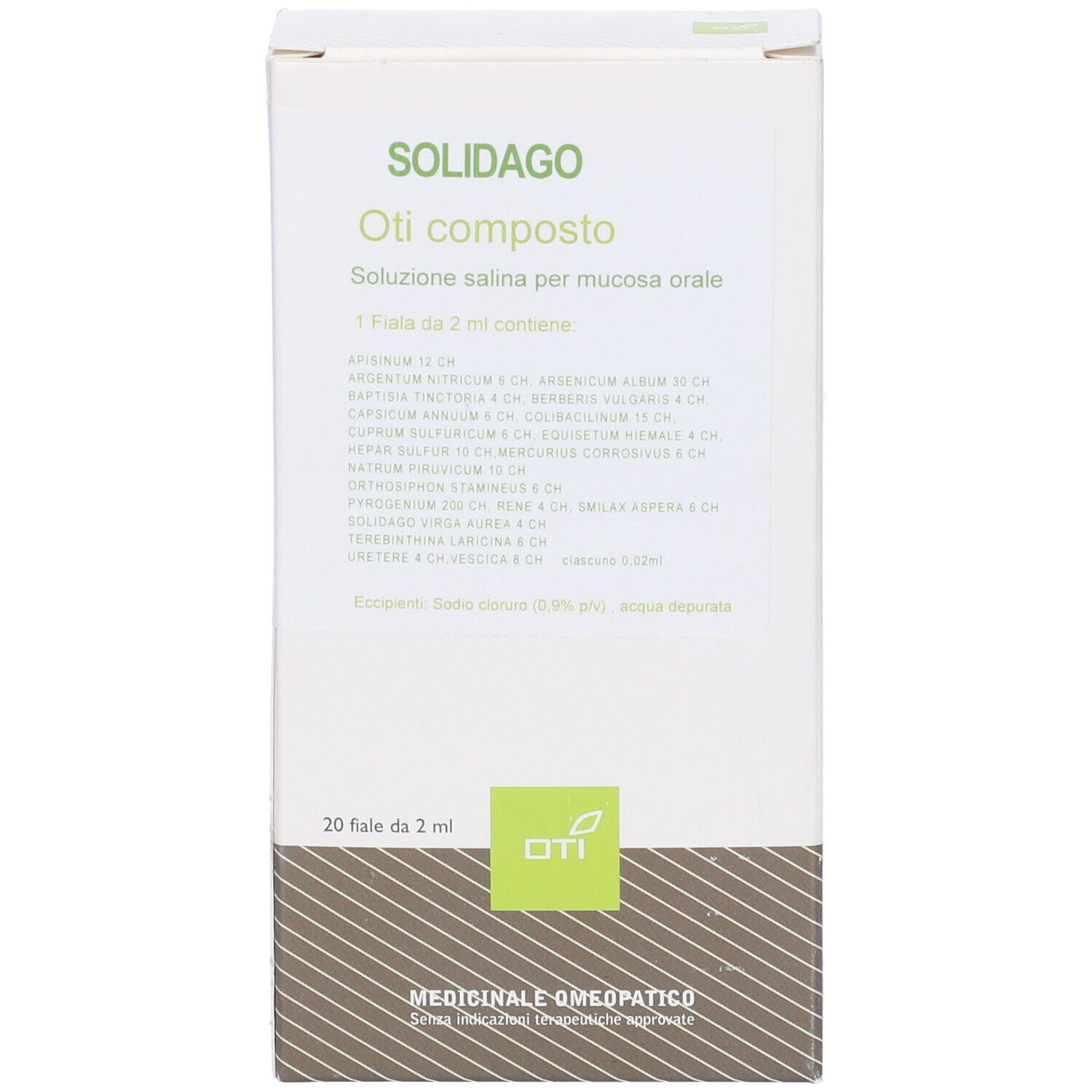 Scatola bianca con nome e informazioni del prodotto. "Solidago Oti composto" in alto. Sotto: 20 fiale.