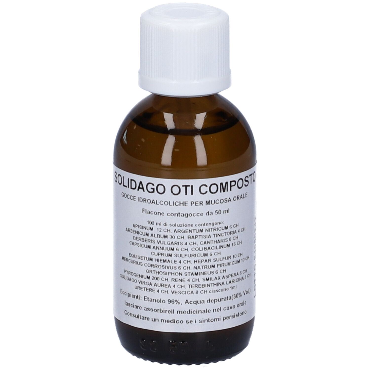 Flacone di vetro marrone con tappo bianco ed etichetta con testo. Nome prodotto: Solidago Oti Composto.