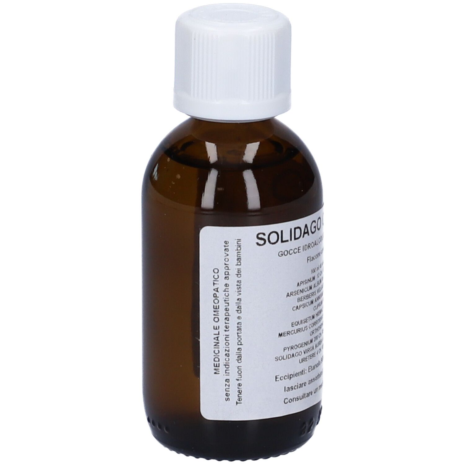 Flacone di vetro marrone con tappo bianco ed etichetta. Nome prodotto: Solidago Oti Composto.