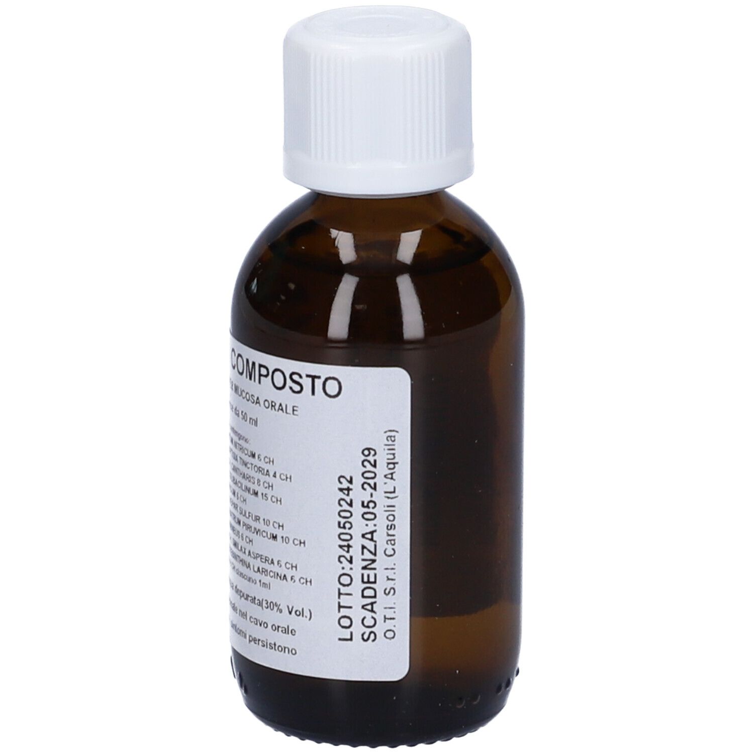 Flacone di vetro marrone con tappo bianco ed etichetta. Nome prodotto: Solidago Oti Composto.