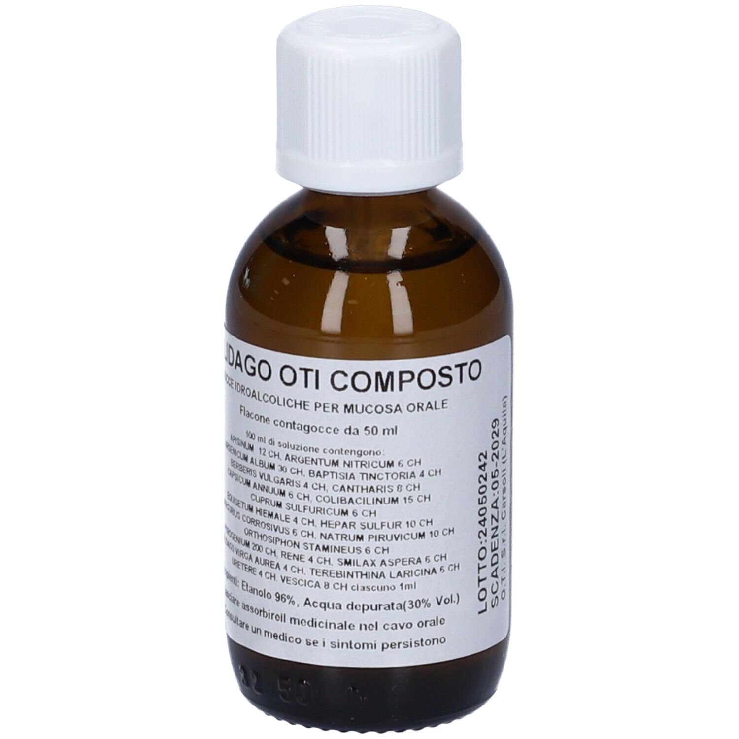 Flacone di vetro marrone con tappo bianco ed etichetta. Nome prodotto: Solidago Oti Composto.