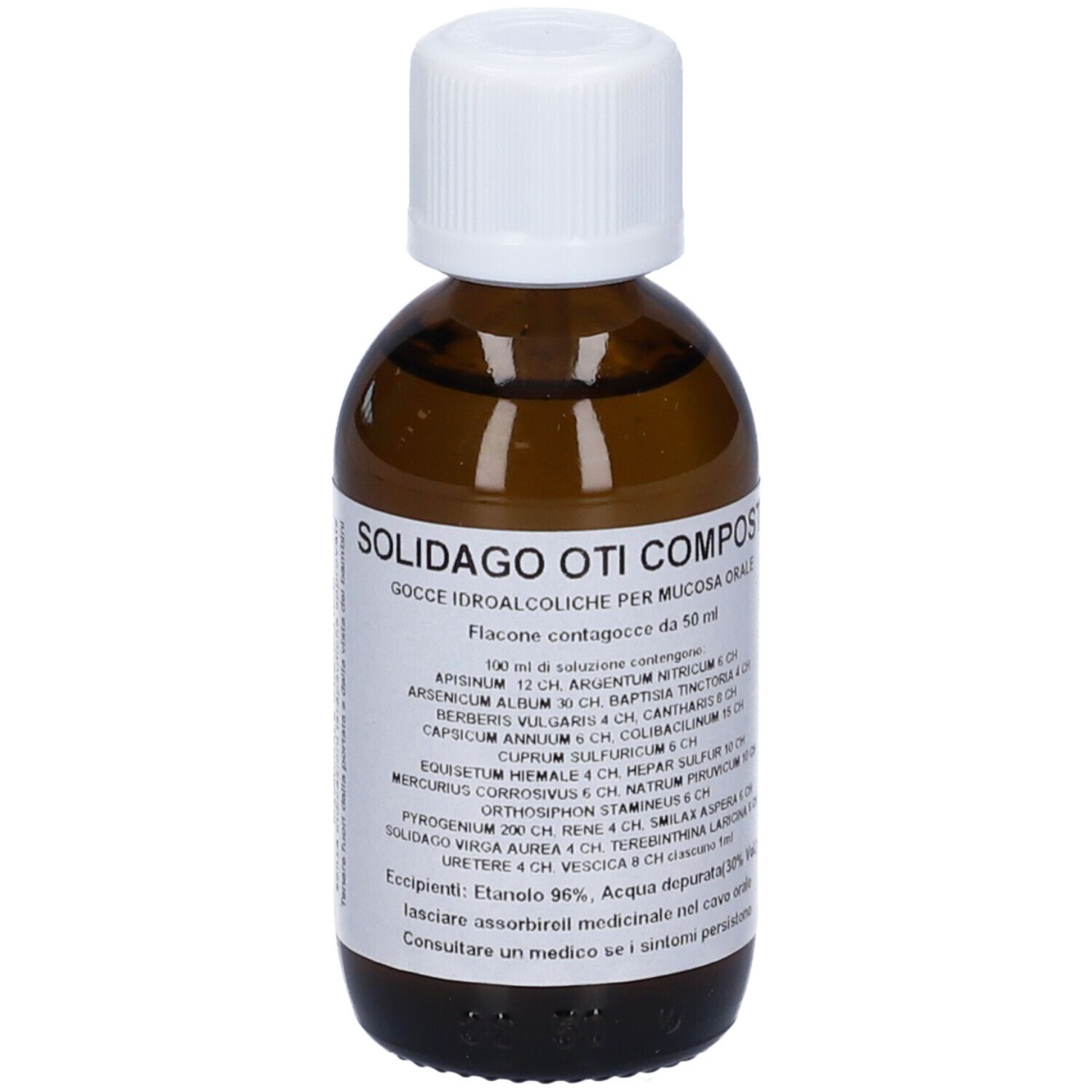 Flacone di vetro marrone con tappo bianco ed etichetta. Nome prodotto: Solidago Oti Composto.