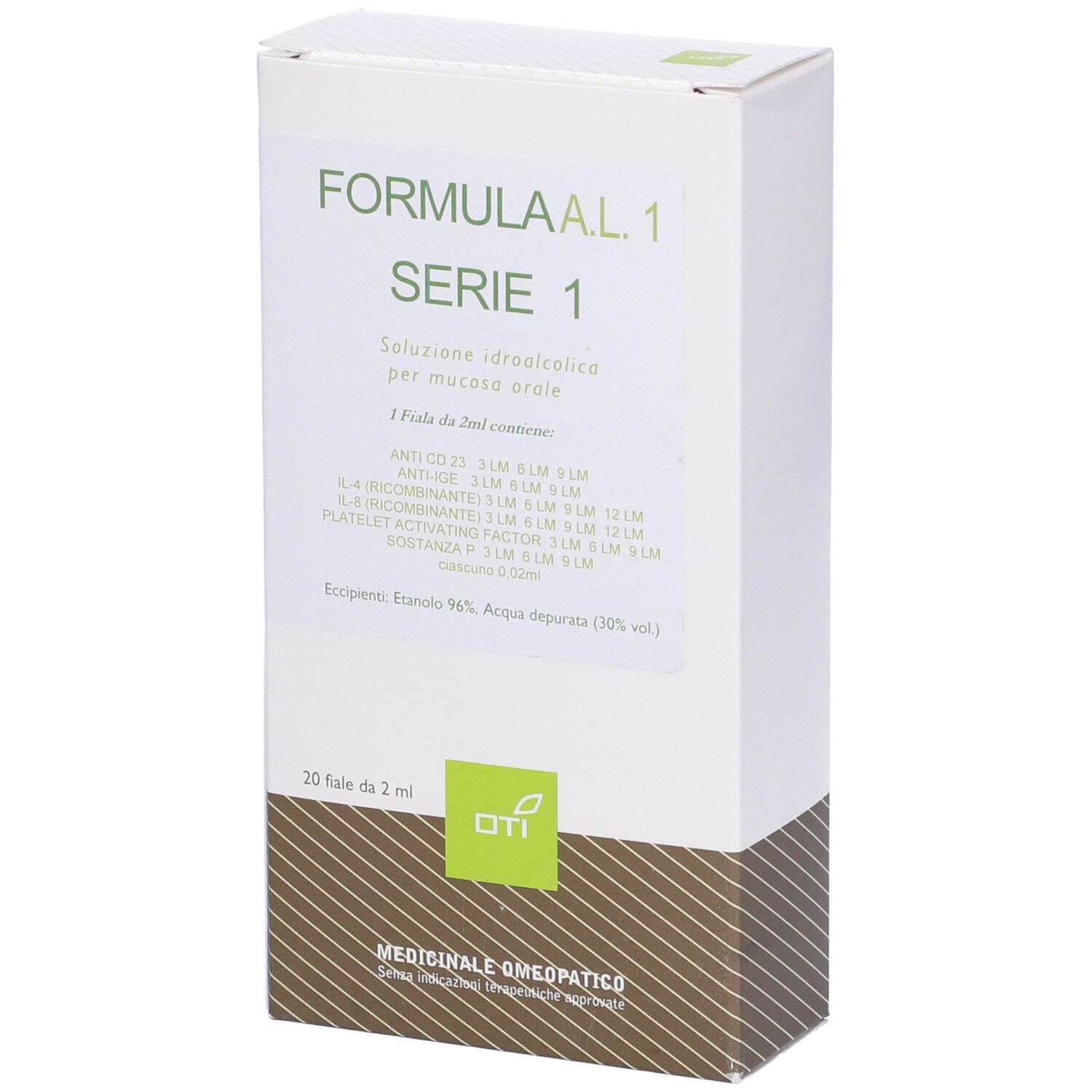 Scatola bianca con testo: Formula AL. 1 Serie 1, 20 fiale. Logo OTI. Prodotto medico.