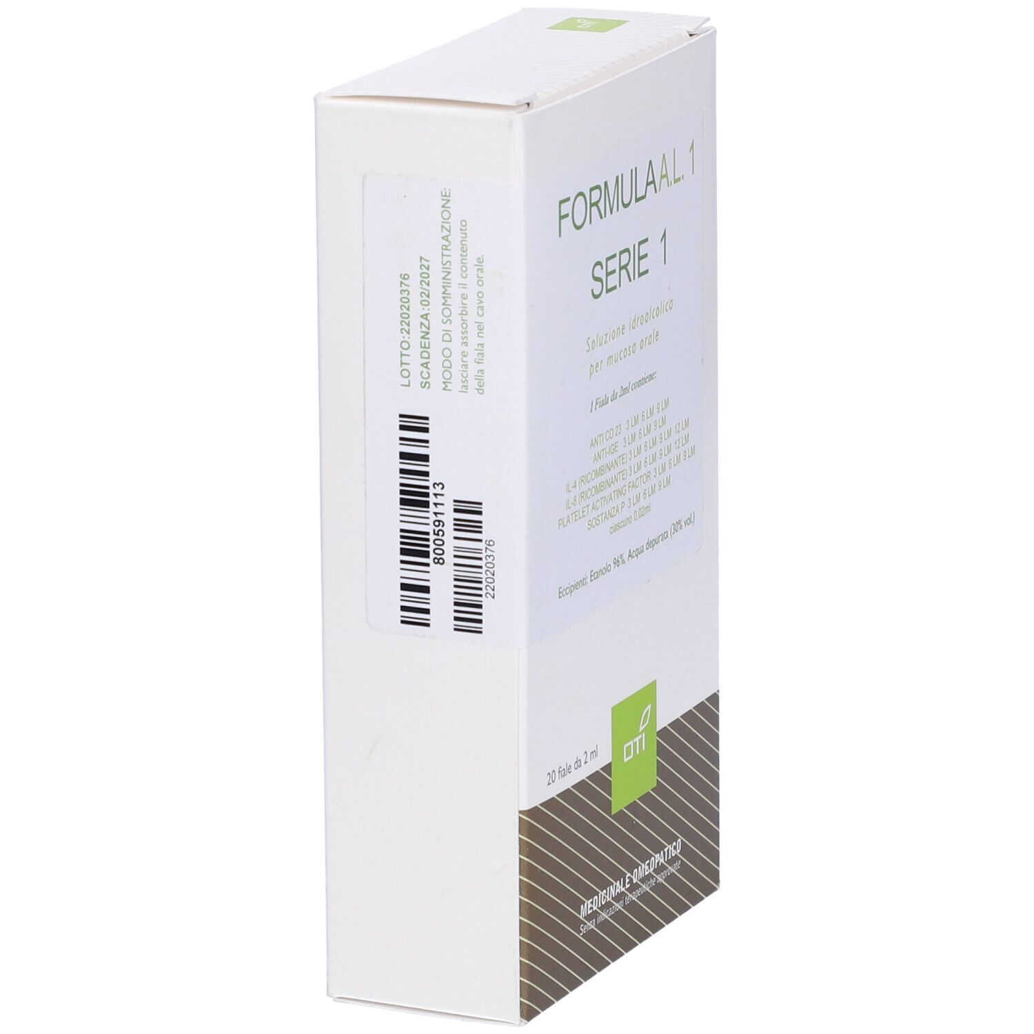 Scatola bianca, vista laterale. Testo: Formula AL. 1 Serie 1. Codice a barre e numero di lotto. Logo OTI.