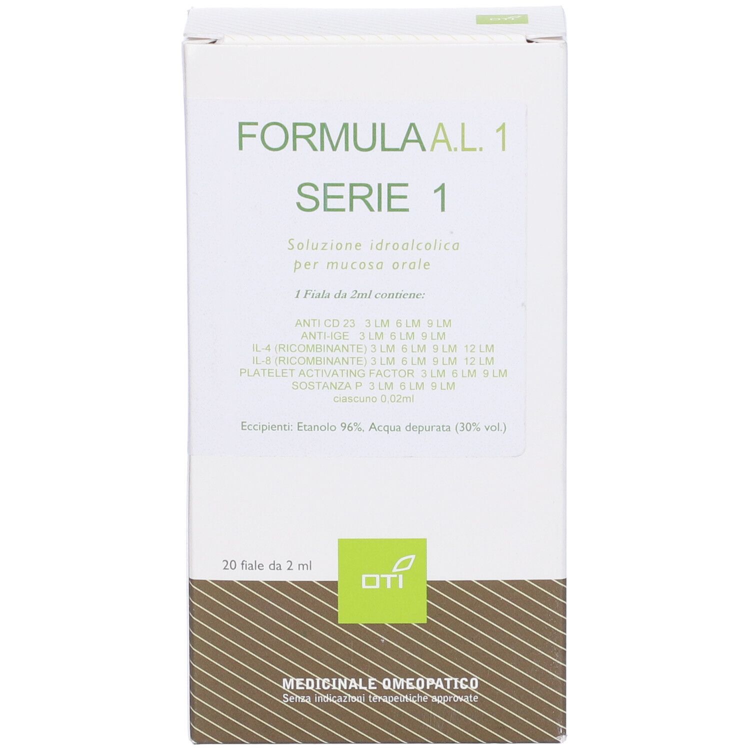 Scatola bianca con testo: Formula AL. 1 Serie 1, 20 fiale. Logo OTI. Prodotto medico.