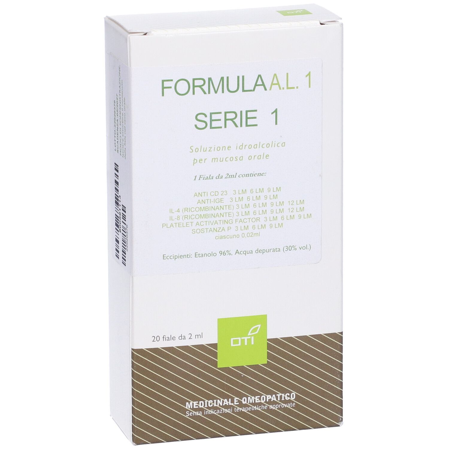 Scatola bianca con testo: Formula AL. 1 Serie 1, 20 fiale. Logo OTI. Prodotto medico.