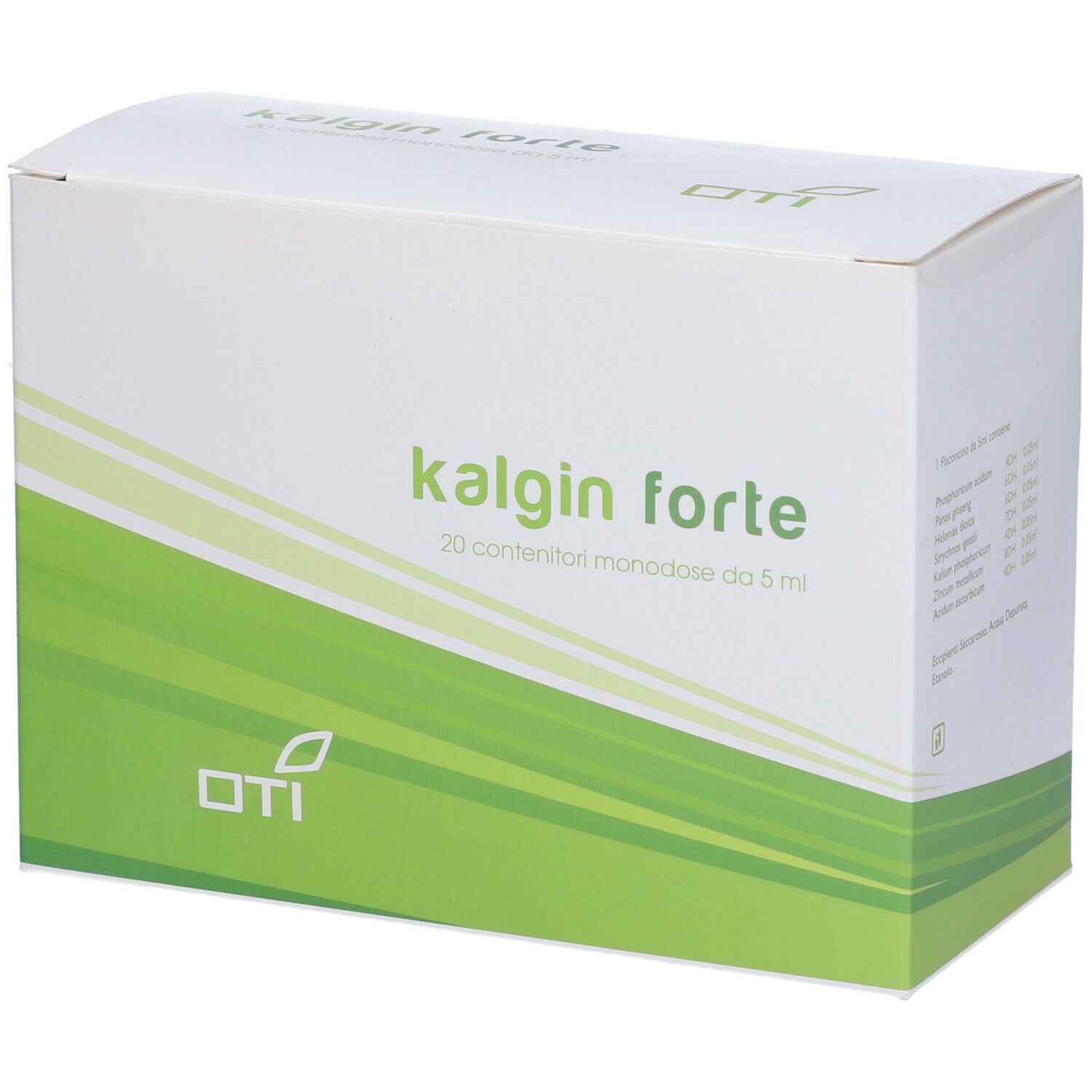 Scatola "kalgin forte". 20 contenitori monodose. Design verde e bianco. Logo OTI.