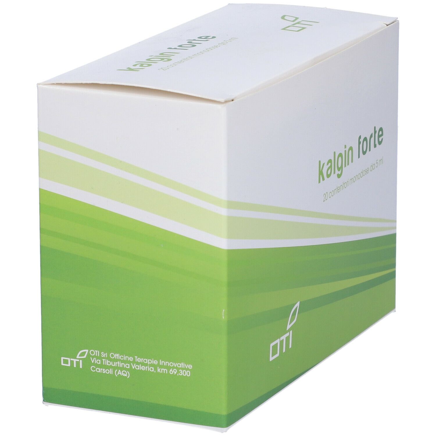 Scatola "kalgin forte". Design verde e bianco. Logo OTI. Indirizzo: Via Tiburtina Valeria, km 69,300, Canali (AQ).
