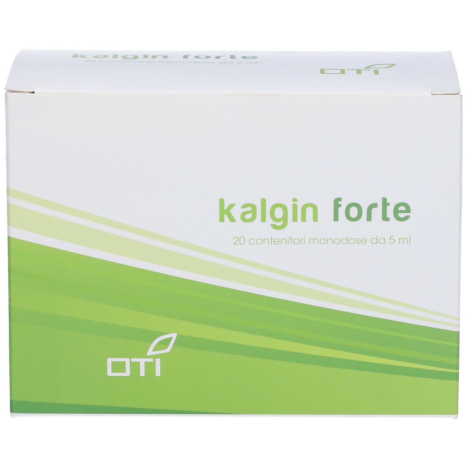 Scatola "kalgin forte". 20 contenitori monodose. Design verde e bianco. Logo OTI.