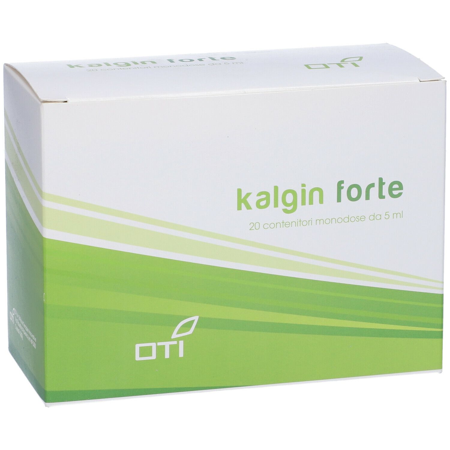 Scatola "kalgin forte". 20 contenitori monodose. Design verde e bianco. Logo OTI.