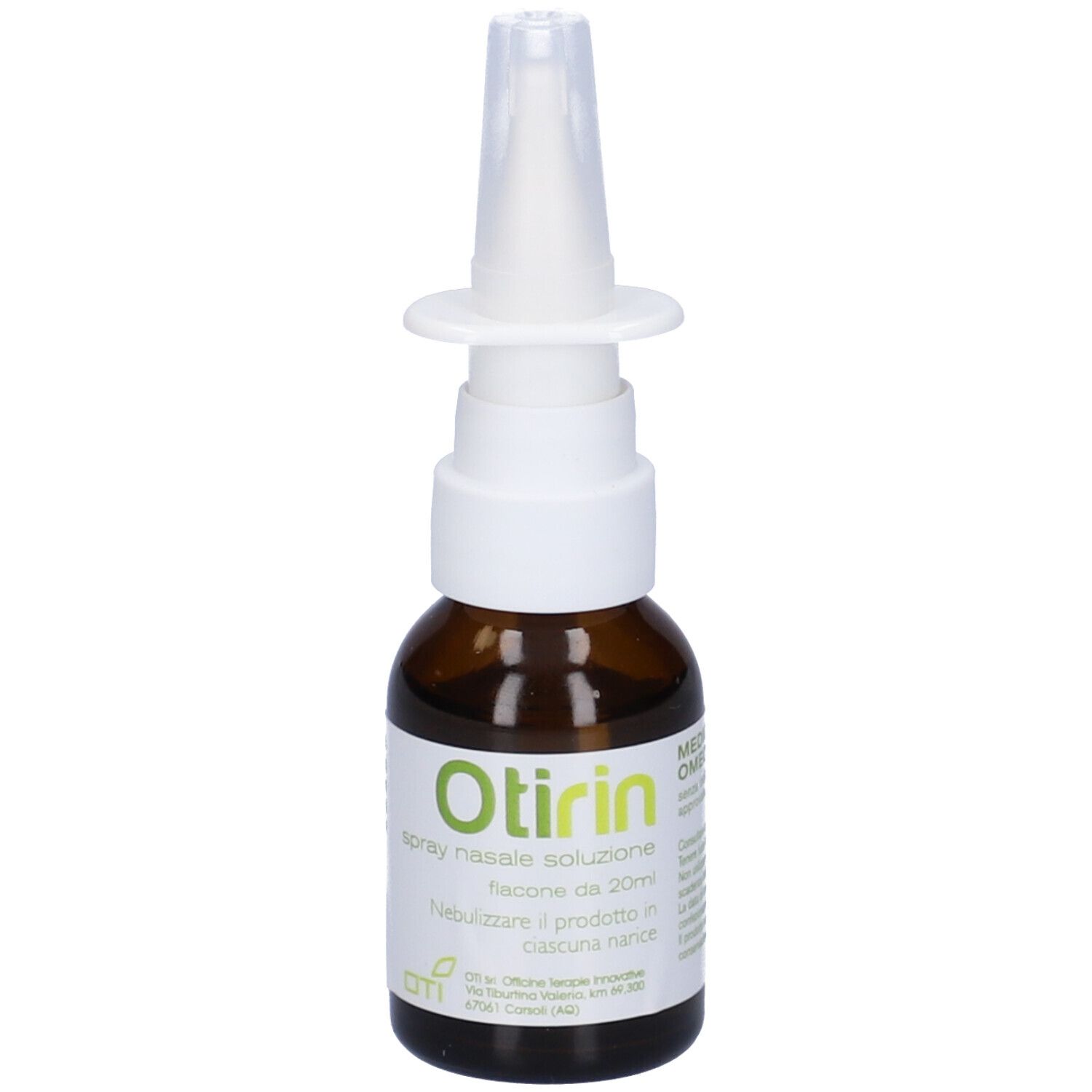 Flacone di vetro marrone con nebulizzatore bianco. Scritta: Otirin, Spray Nasale, soluzione da 20ml.