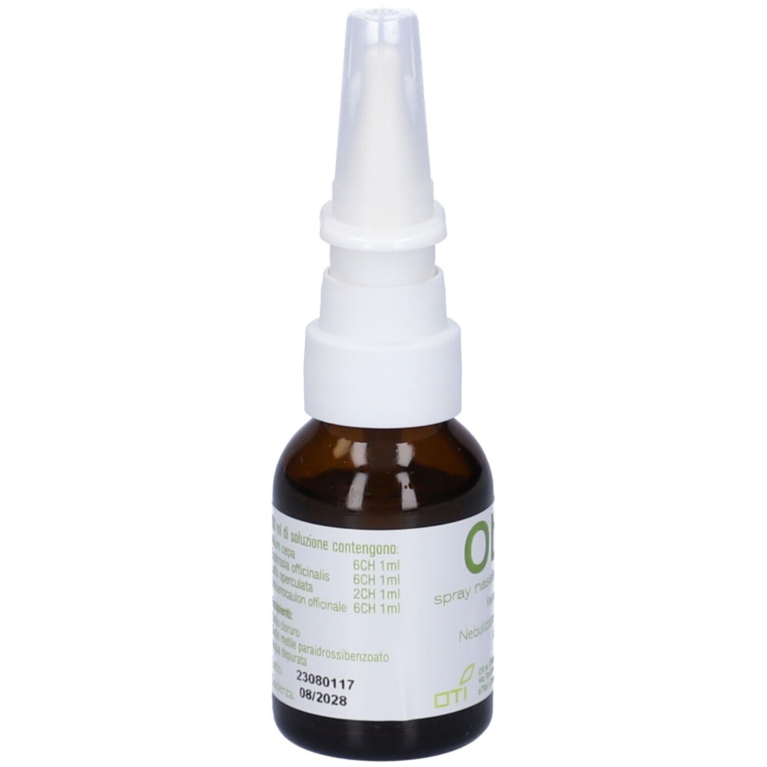 Flacone di vetro marrone con nebulizzatore bianco. Etichetta con ingredienti e scadenza.