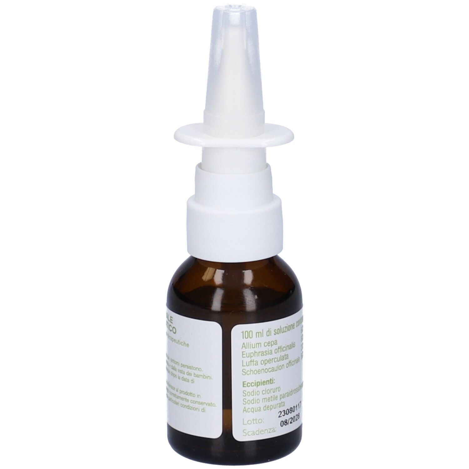 Flacone di vetro marrone con nebulizzatore bianco. Etichetta con ingredienti e indicazione del volume.