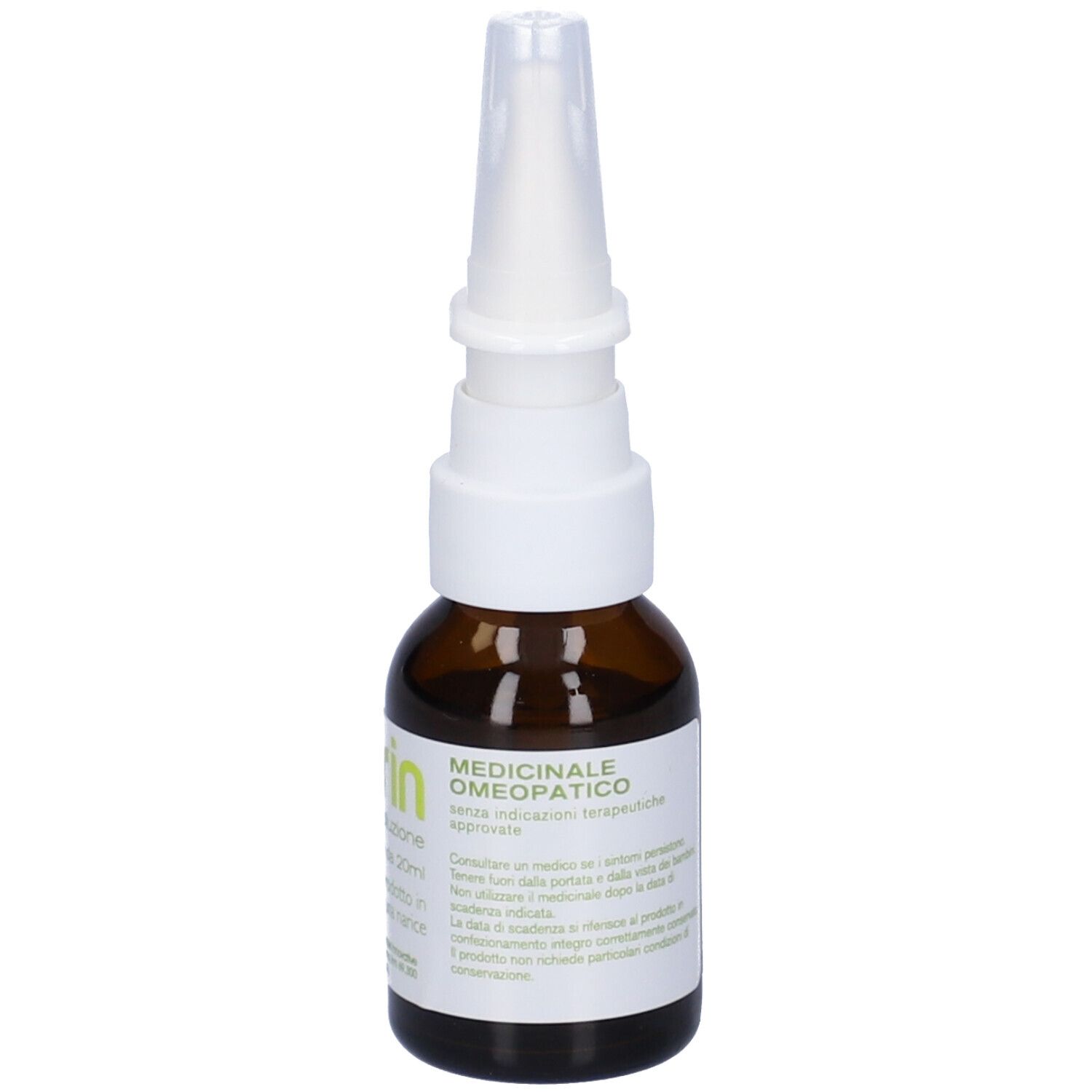Flacone di vetro marrone con nebulizzatore bianco. Etichetta con informazioni e scritta: Medicinale omeopatico.