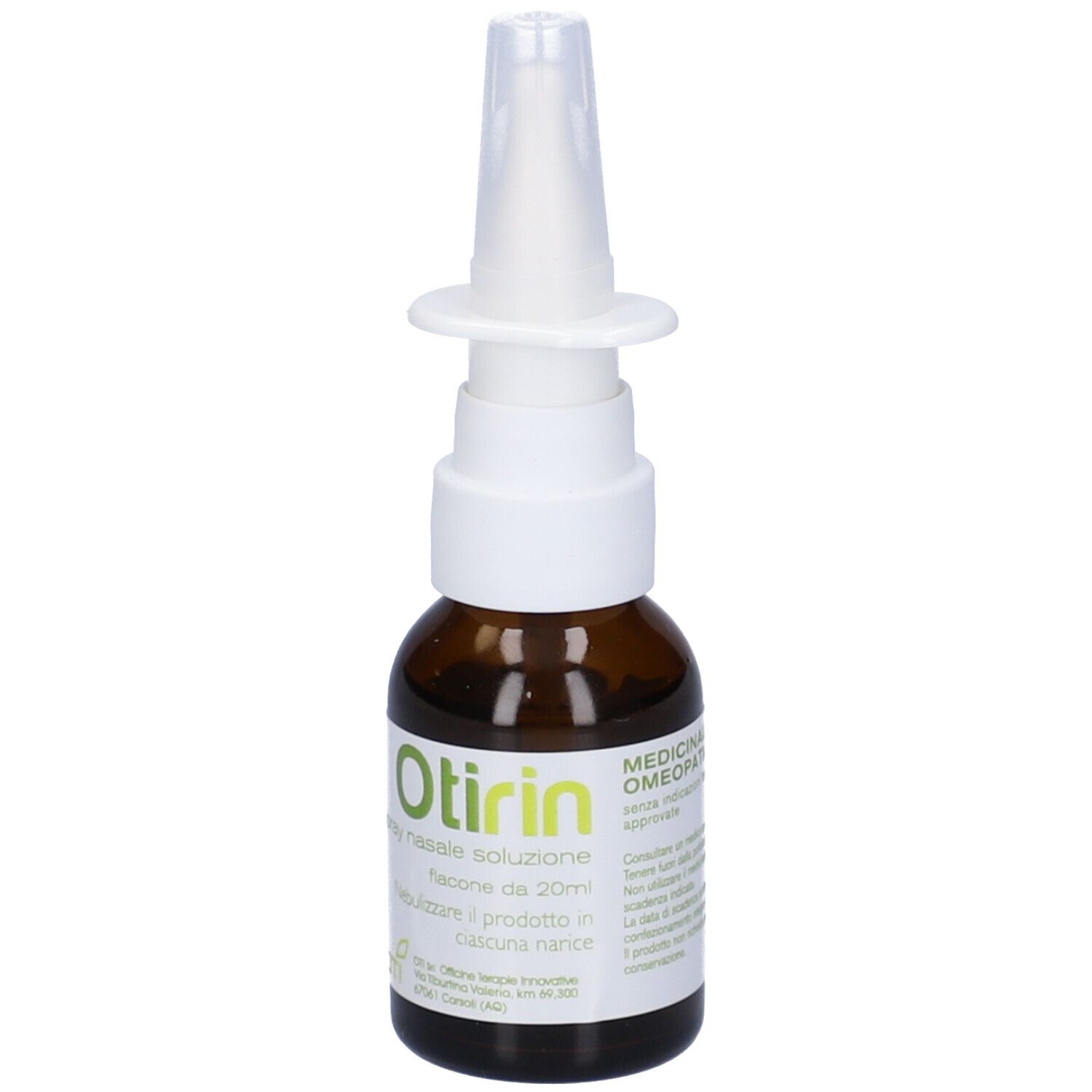 Flacone di vetro marrone con nebulizzatore bianco. Scritta: Otirin, Spray Nasale, soluzione da 20ml.