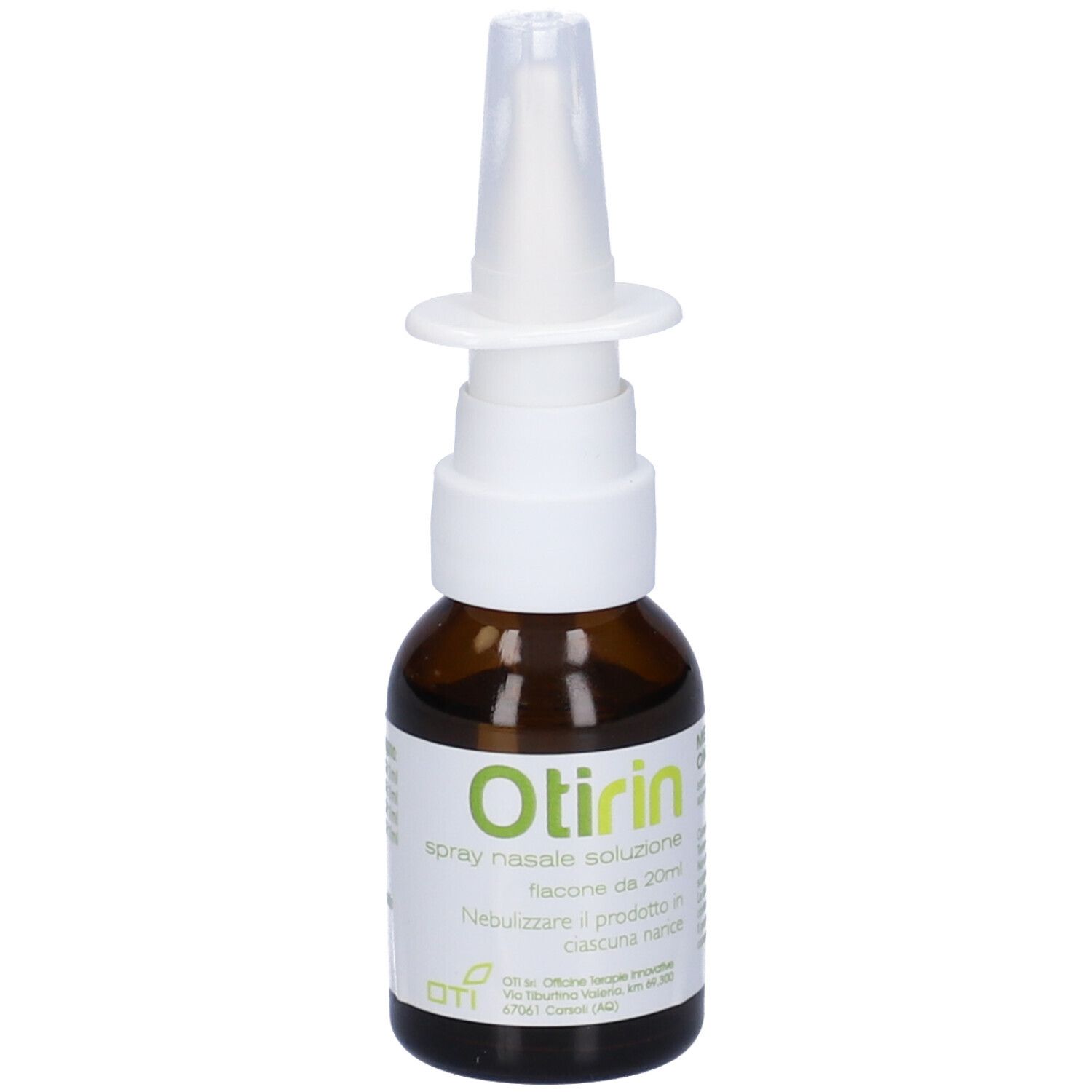 Flacone di vetro marrone con nebulizzatore bianco. Scritta: Otirin, Spray Nasale, soluzione da 20ml.
