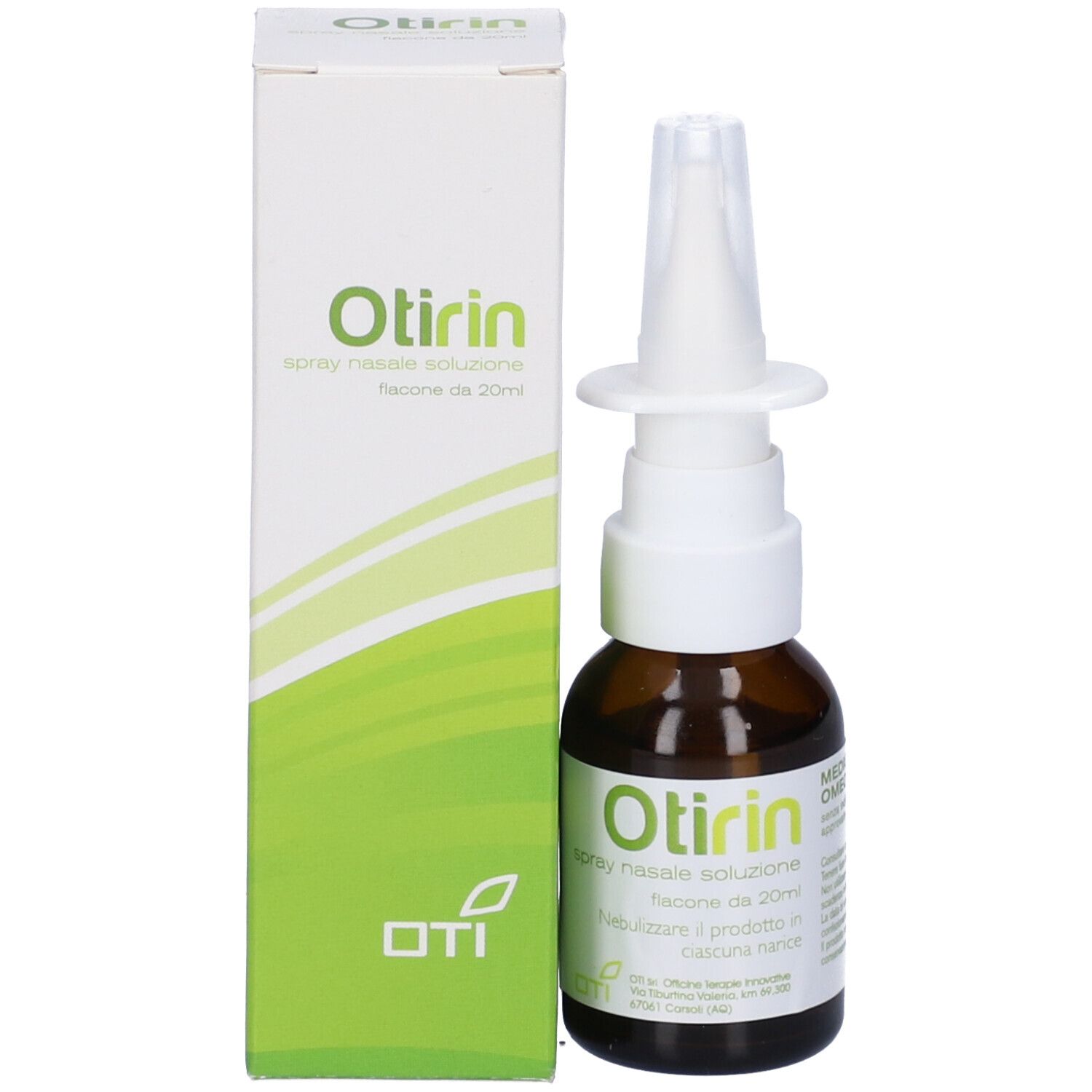Flacone di vetro marrone con nebulizzatore bianco e scatola. Scritta: Otirin, Spray Nasale, soluzione da 20ml.