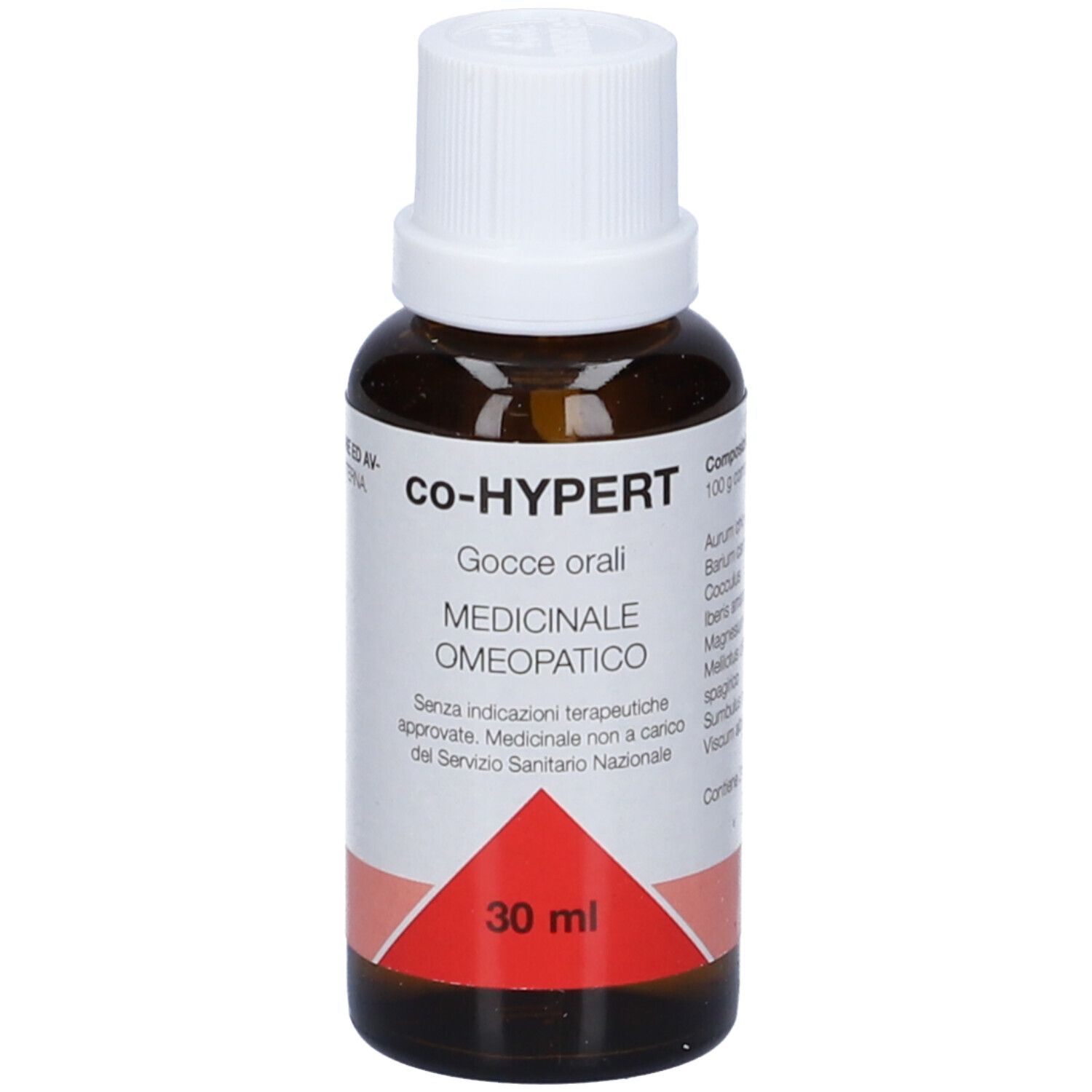 Flacone di vetro marrone con tappo bianco. Etichetta con triangolo rosso e testo: Co-HYPERT, 30 ml.
