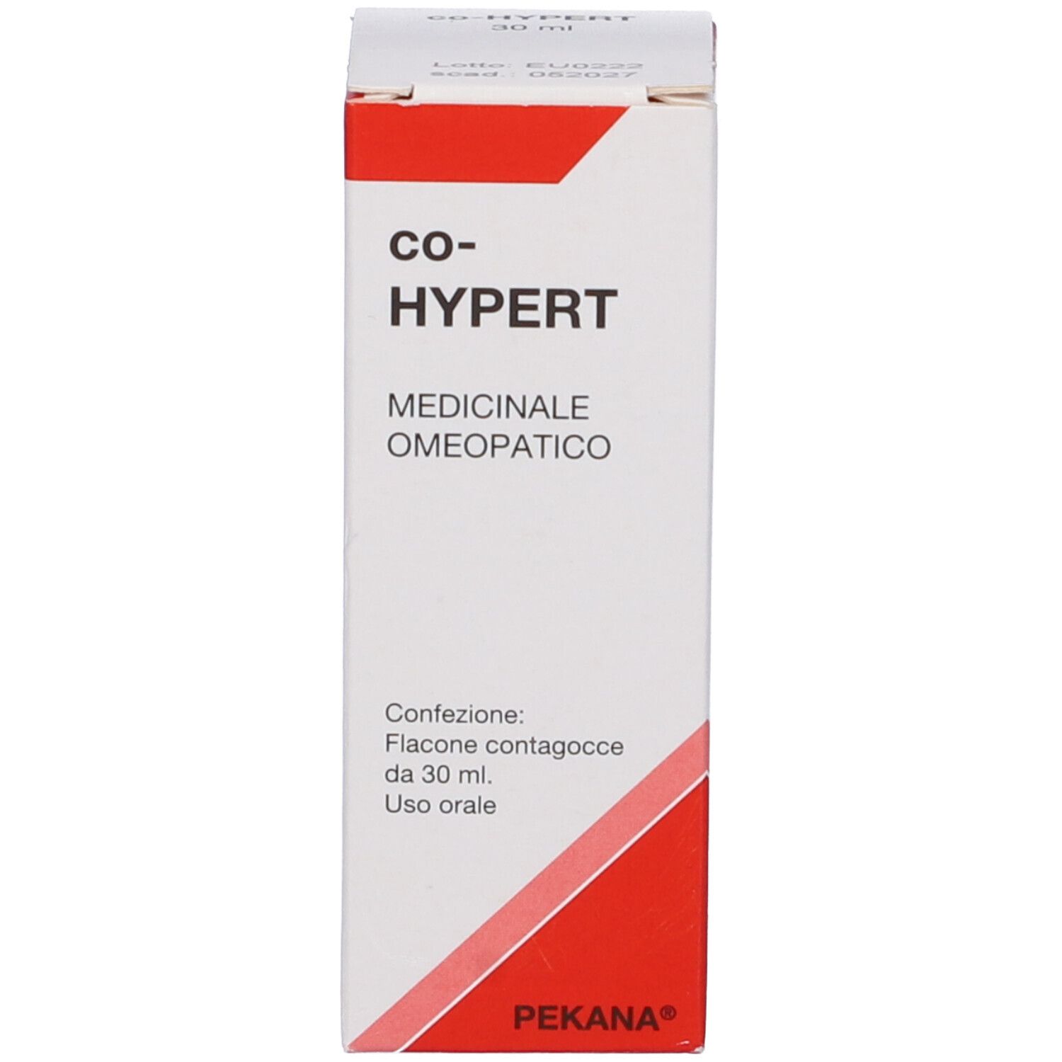 Confezione bianca del prodotto. Testo: Co-HYPERT, 30 ml. Confezione: flacone contagocce. Uso orale.