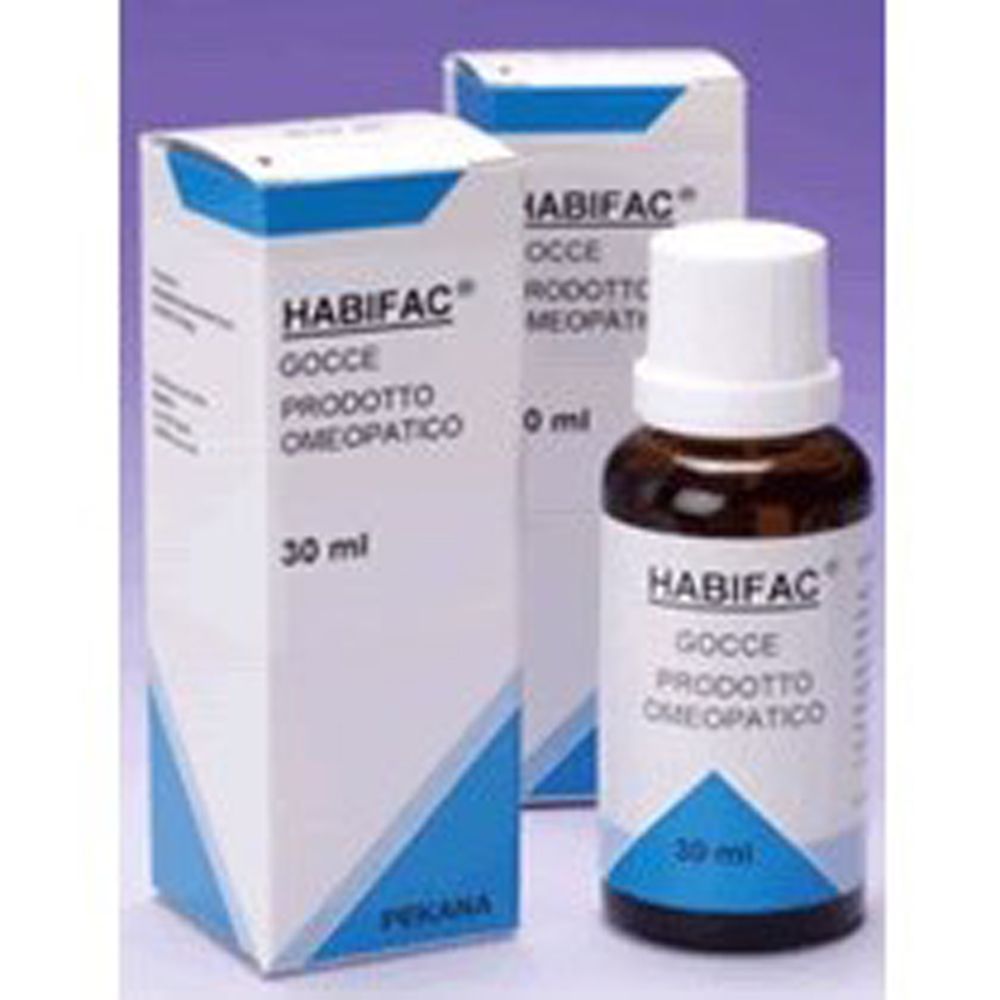 Flacone di vetro marrone e scatola con testo bianco e blu. Scritta: HABIFAC, Gocce, Prodotto Omeopatico, 30 ml. Marchio PEKANA.